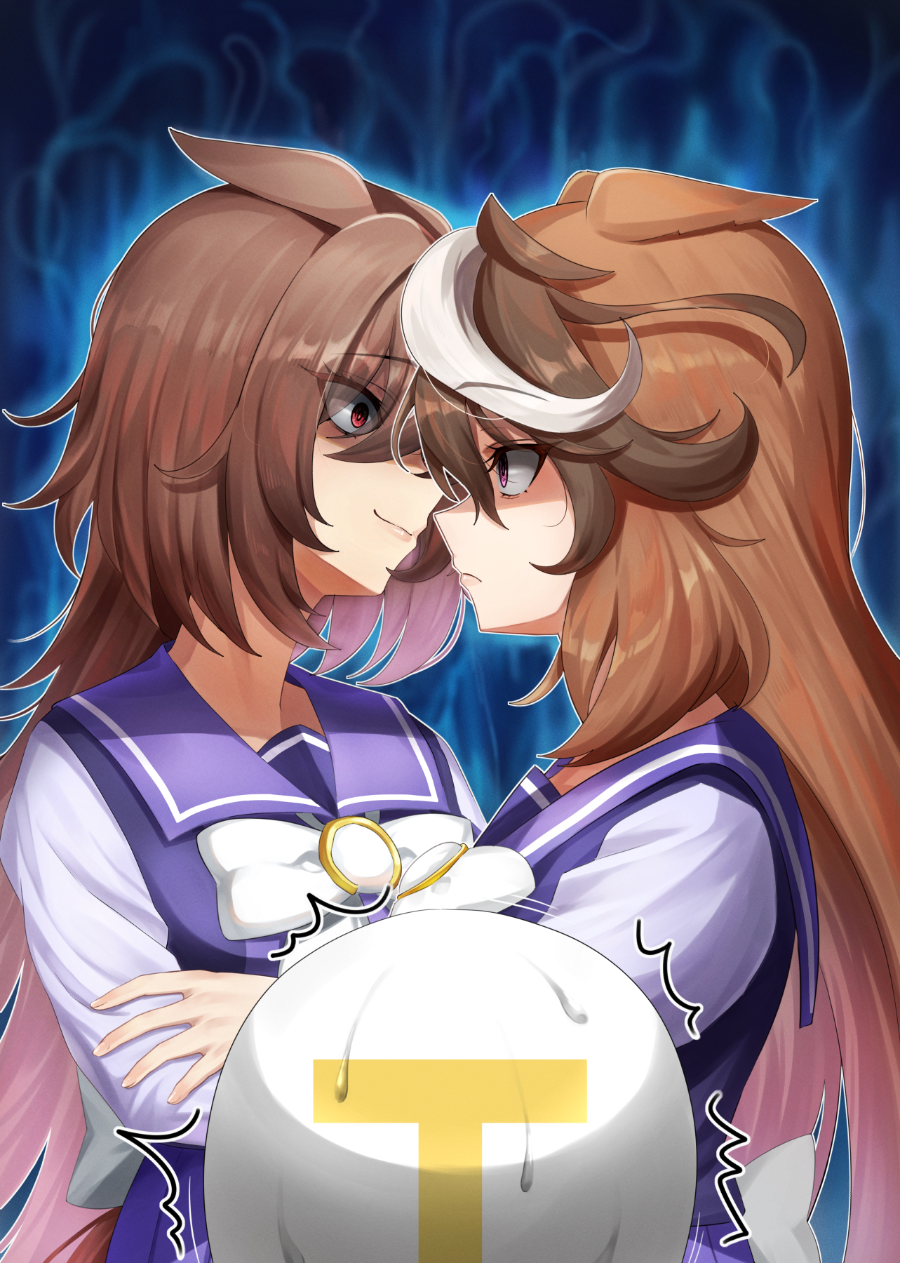 motusii, sirius symboli (umamusume), symboli rudolf (umamusume), t-head trainer (umamusume), trainer (umamusume), umamusume, highres, 2girls, animal ears, blue eyes, bow, bowtie, brown hair, closed mouth, ears down, face-to-face, frown, hair between eyes, horse ears, horse girl, long hair, long sleeves, motion lines, multicolored hair, multiple girls, nervous sweating, purple sailor collar, purple shirt, red eyes, sailor collar, serious, shaded face, shirt, smile, streaked hair, sweat, sweatdrop, trembling, very long hair, white bow, white bowtie, white hair