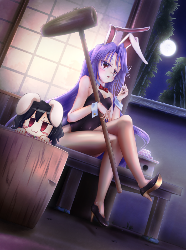 dazonipsf, inaba tewi, reisen udongein inaba, touhou, 2girls, animal, animal ears, architecture, bamboo, black hair, blush, chibi, crossed legs, dango, east asian architecture, eientei, food, full moon, high heels, holding, holding food, moon, multiple girls, open mouth, pantyhose, playboy bunny, purple hair, rabbit ears, red eyes, sitting, smug, wagashi
