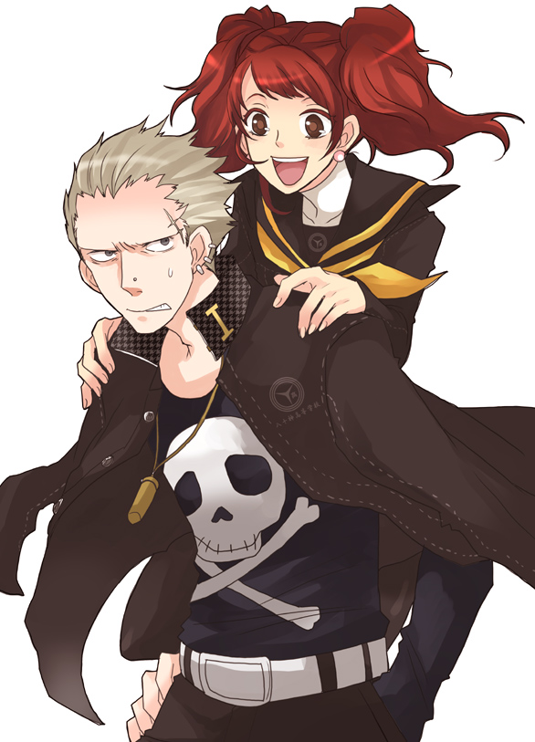 sudachips, kujikawa rise, tatsumi kanji, atlus, persona, persona 4, bad id, bad pixiv id, 1boy, 1girl, carrying, happy, piggyback, red hair
