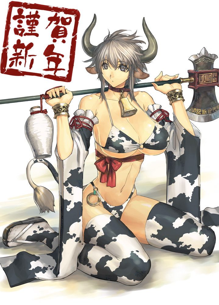 ran'ou (tamago no kimi), original, silver hair, 1girl, animal ears, animal print, bell, bikini, breasts, collar, cow ears, cow print, cow print sleeves, cow tail, cowbell, detached sleeves, female focus, grey eyes, horns, huge breasts, neck bell, short hair, solo, string bikini, swimsuit, tail, thighhighs, underboob
