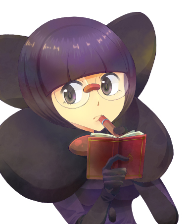 pohe, shauntal (pokemon), nintendo, pokemon, pokemon bw, lowres, 1girl, blunt bangs, bob cut, book, bow, breasts, elbow gloves, glasses, gloves, holding, holding book, holding pen, large bow, medium breasts, neck pillow, pen, purple eyes, purple hair, purple skirt, rimless eyewear, round eyewear, short hair, skirt, solo, upper body