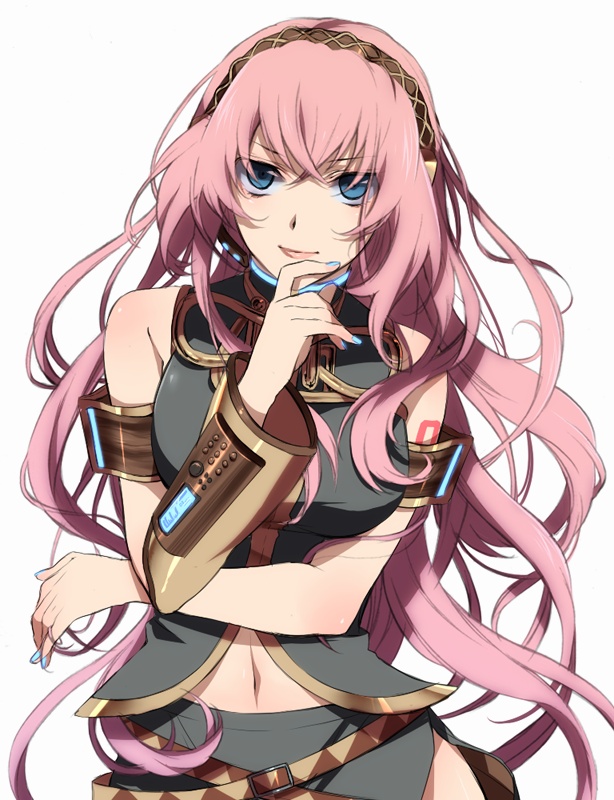 murakami yuichi, megurine luka, vocaloid, bad id, bad pixiv id, 1girl, blue eyes, blue nails, female focus, hairband, lips, long hair, nail polish, navel, pink hair, smile, solo, very long hair