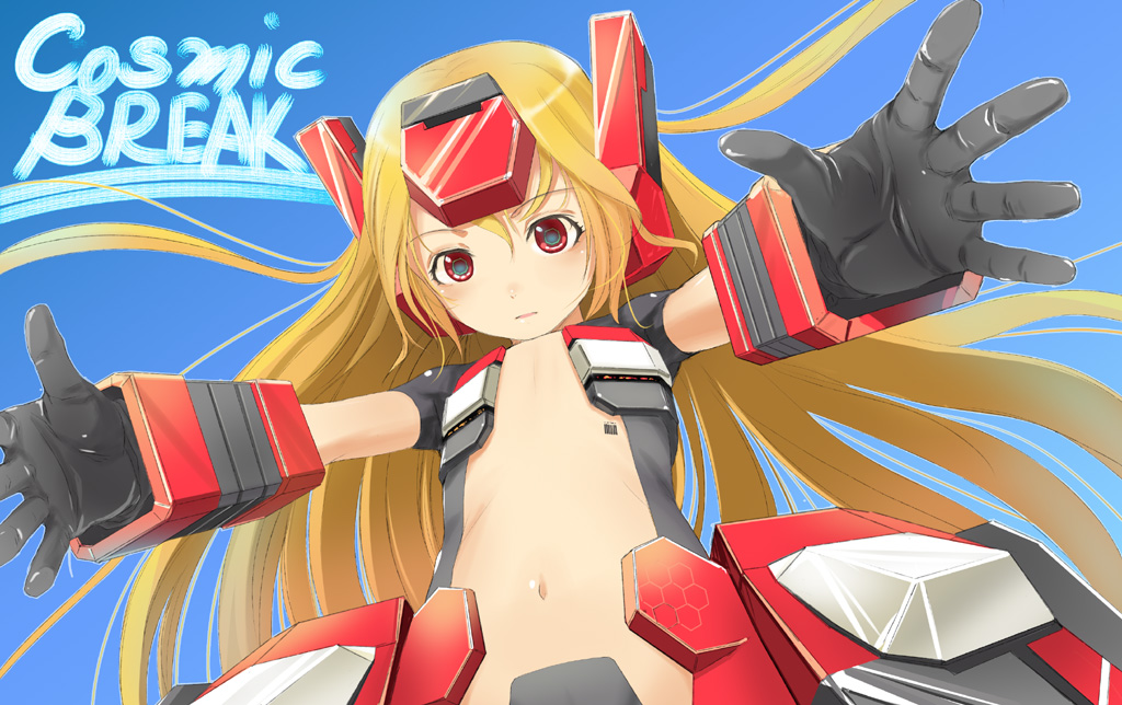 sody, crimrose, cosmic break, 1girl, barcode, blonde hair, female focus, flat chest, gloves, long hair, mecha musume, navel, outstretched arms, reaching, reaching towards viewer, red eyes, revealing clothes, solo