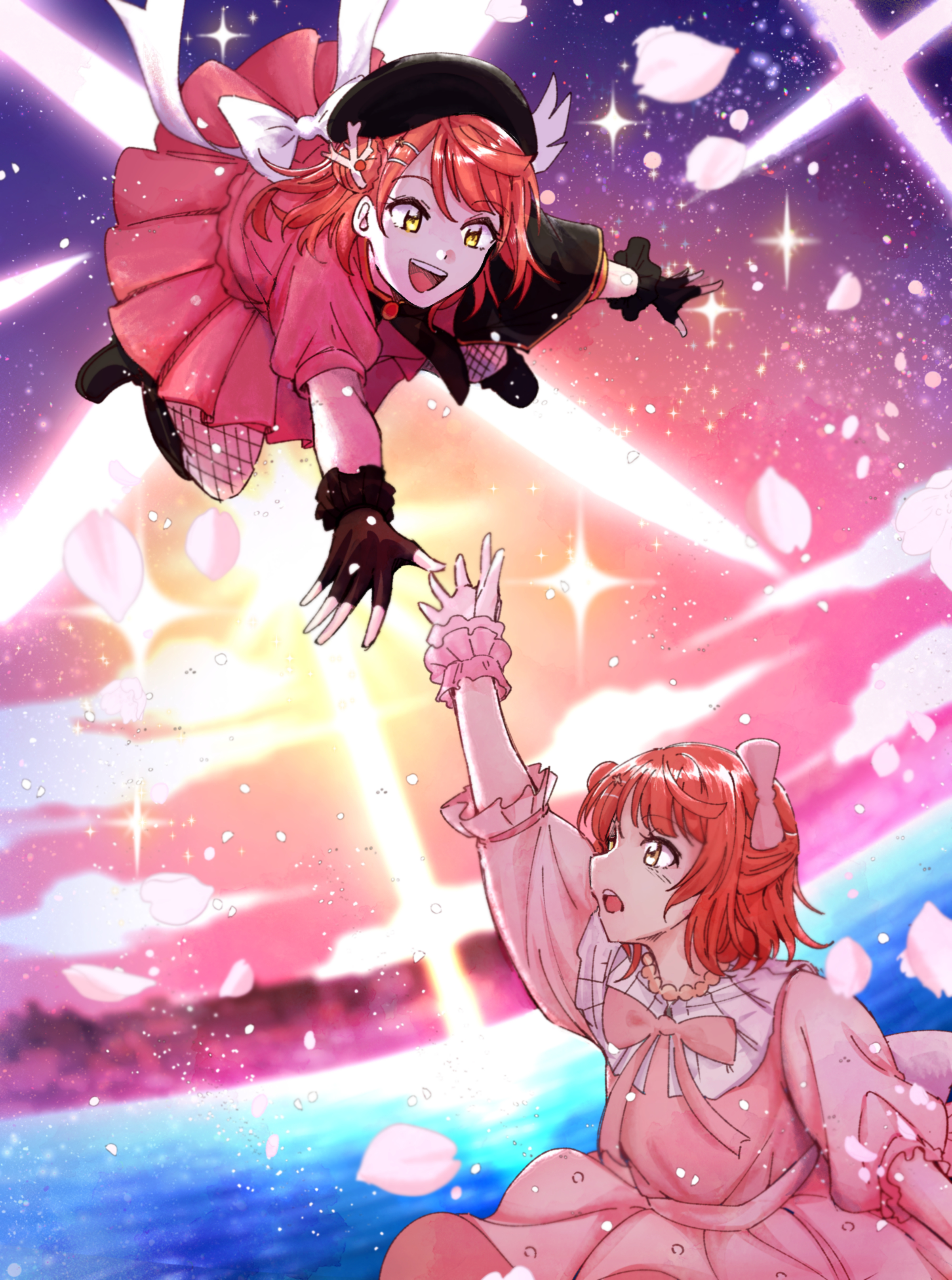 typeakiha73, uehara ayumu, love live!, love live! nijigasaki high school idol club, love live! nijigasaki high school idol club the movie – finale, absurdres, commentary request, highres, 2girls, beret, black boots, black gloves, black hat, boots, bow, coral hair ornament, dream with you (love live!), dress, dual persona, fingerless gloves, fishnet pantyhose, fishnets, frilled dress, frilled gloves, frills, gloves, hair bow, hair ornament, half updo, hat, looking at another, medium hair, multiple girls, official alternate costume, orange hair, outdoors, pantyhose, pink bow, pink dress, pink shirt, pink skirt, pink sky, puffy short sleeves, puffy sleeves, reaching, reaching towards another, shirt, short sleeves, skirt, skirt set, sky, stellar stream (love live!), yellow eyes