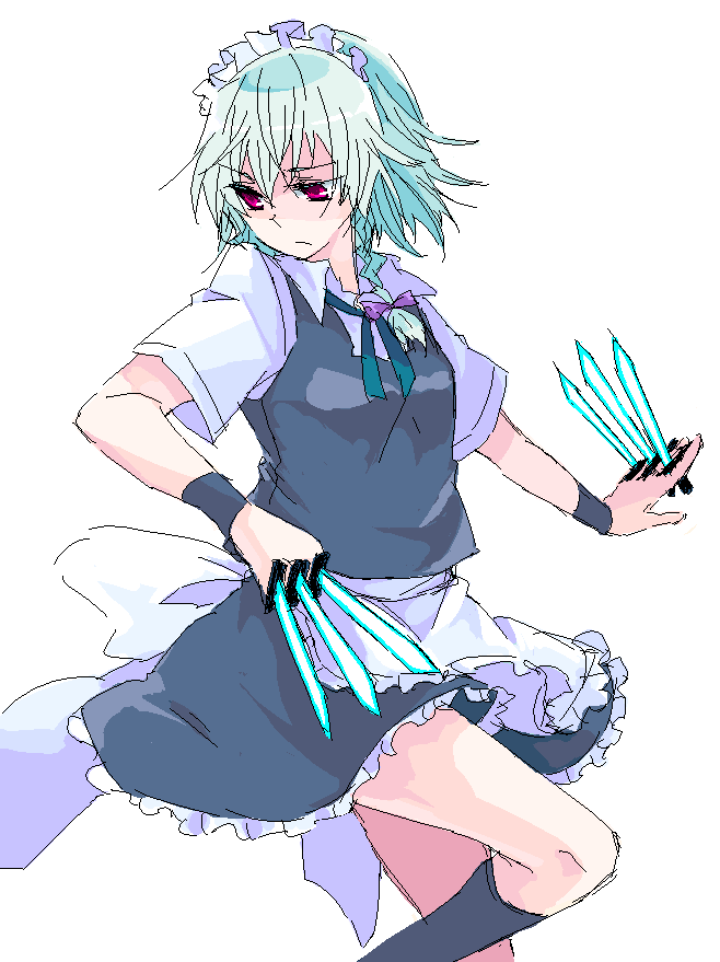 tadano kagekichi, izayoi sakuya, touhou, silver hair, 1girl, apron, between fingers, black socks, blue dress, dagger, dress, female focus, frills, holding, holding weapon, jaggy lines, kneehighs, knife, maid headdress, oekaki, red eyes, simple background, socks, solo, standing, waist apron, weapon, white background, wristband