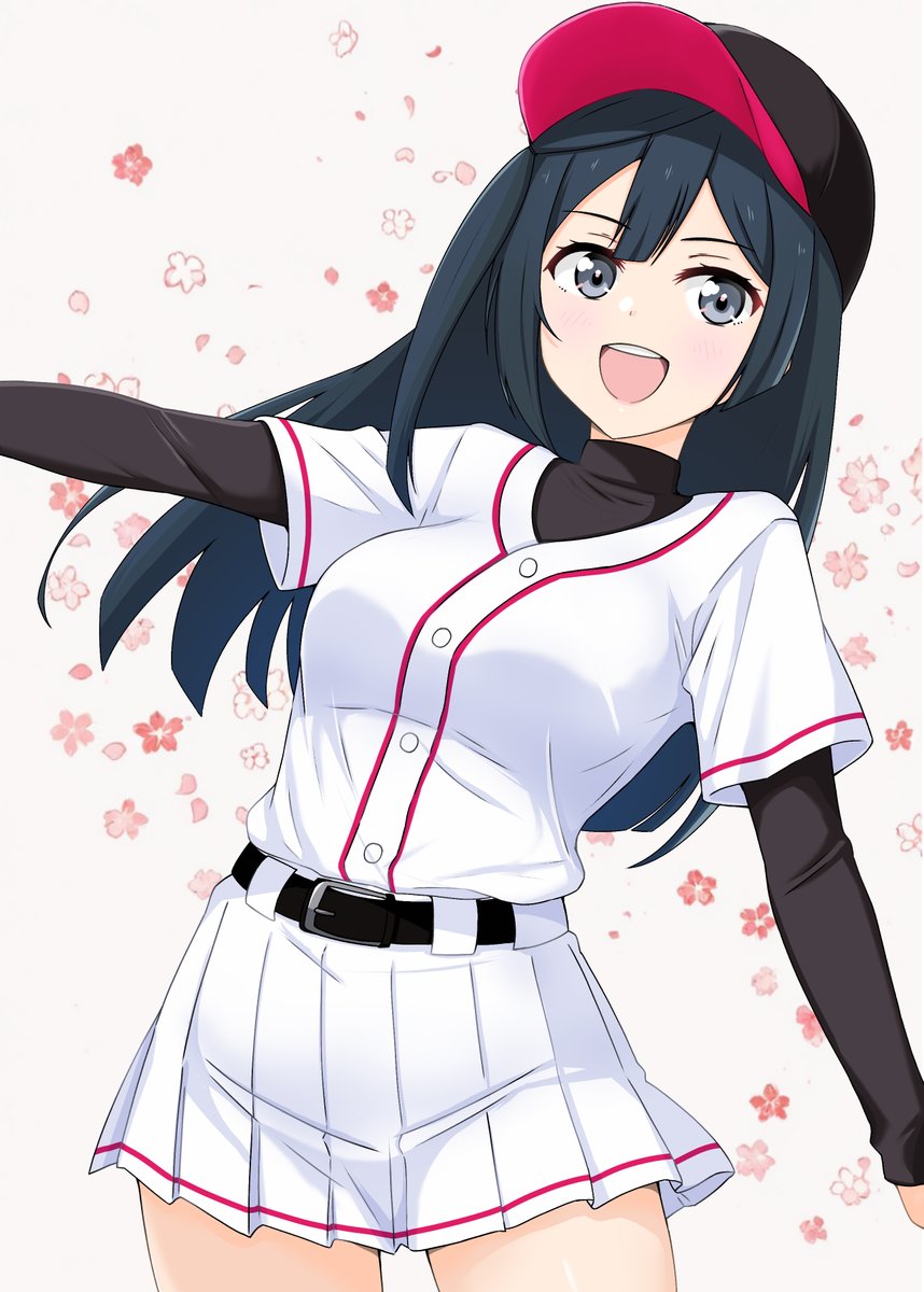 kurono (pixiv1905129), yuki setsuna, love live!, love live! nijigasaki high school idol club, commentary request, highres, 1girl, :d, baseball cap, belt, black belt, black hair, black hat, breasts, cowboy shot, floral background, green eyes, hat, layered sleeves, long sleeves, looking at viewer, medium breasts, miniskirt, one side up, open mouth, pink background, pink visor, pleated skirt, shirt, short over long sleeves, short sleeves, skirt, smile, solo, teeth, turtleneck, upper teeth only, white shirt, white skirt