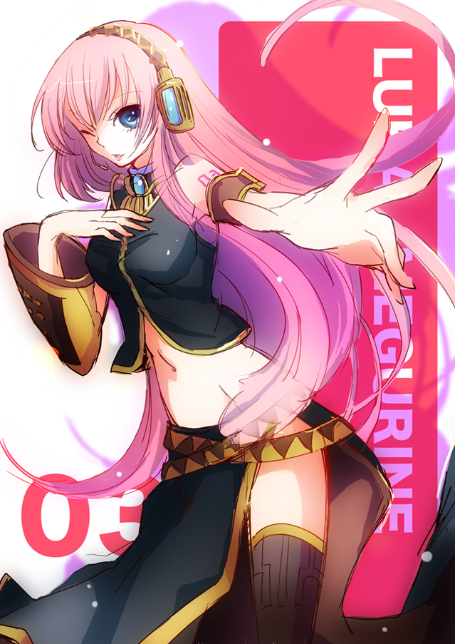 shima (h8222-9902m), megurine luka, shima, vocaloid, bad id, bad pixiv id, 1girl, blue eyes, female focus, hand on own chest, headphones, long hair, looking at viewer, one eye closed, pink hair, solo, thighhighs, wink