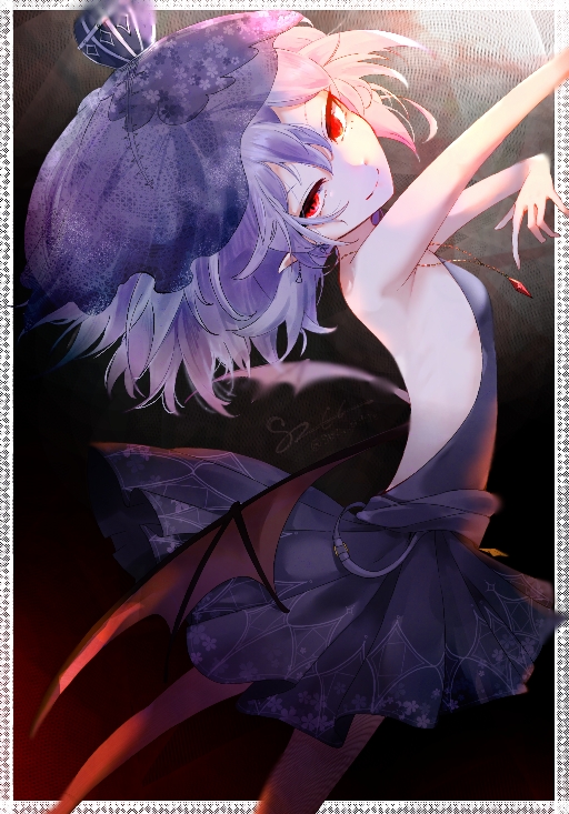 sizu picture, remilia scarlet, touhou, 1girl, artist name, bare back, bat wings, black dress, breasts, closed mouth, dress, head back, jewelry, low wings, medium hair, necklace, purple hair, purple veil, red eyes, sideboob, signature, smile, solo, veil, wings