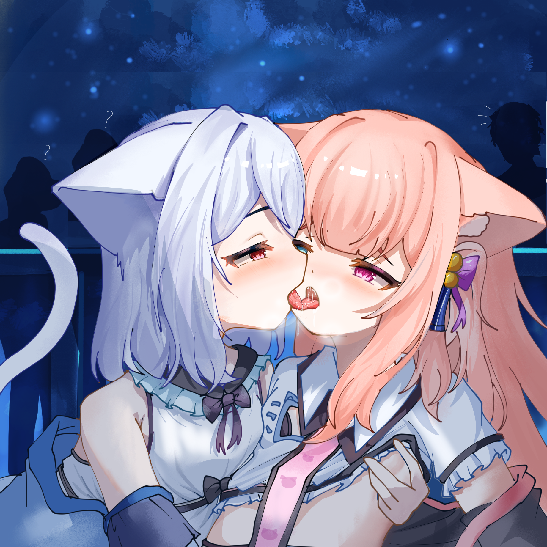 original, commentary, english commentary, highres, 2girls, 3others, animal ears, blue eyes, cat ears, cat girl, cat tail, clothes lift, detached sleeves, flat chest, french kiss, heterochromia, kiss, long hair, multiple girls, multiple others, night, outdoors, pink eyes, pink hair, shirt, shirt lift, short sleeves, tail, tianrun, tongue, tongue out, white shirt, yuri