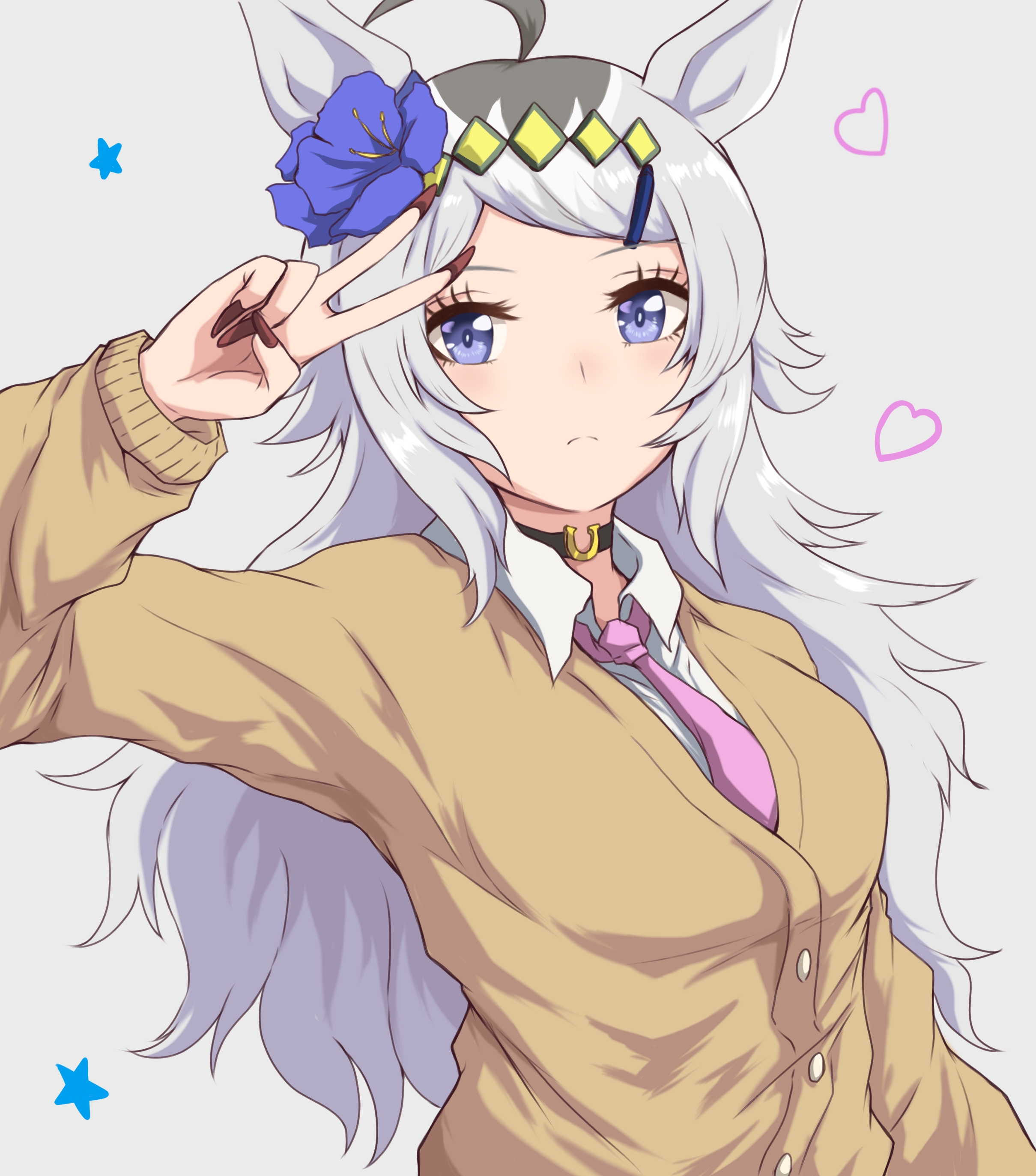 windg0, oguri cap (umamusume), umamusume, absurdres, highres, 1girl, ahoge, animal ears, black choker, blue eyes, breasts, brown cardigan, brown nails, cardigan, choker, closed mouth, collared shirt, ear flower, flower, grey hair, hair between eyes, hair flower, hair ornament, hairband, hairclip, heart, horse ears, horse girl, horseshoe ornament, long hair, long sleeves, looking at viewer, multicolored hair, necktie, pink necktie, shirt, star (symbol), upper body, v, white shirt