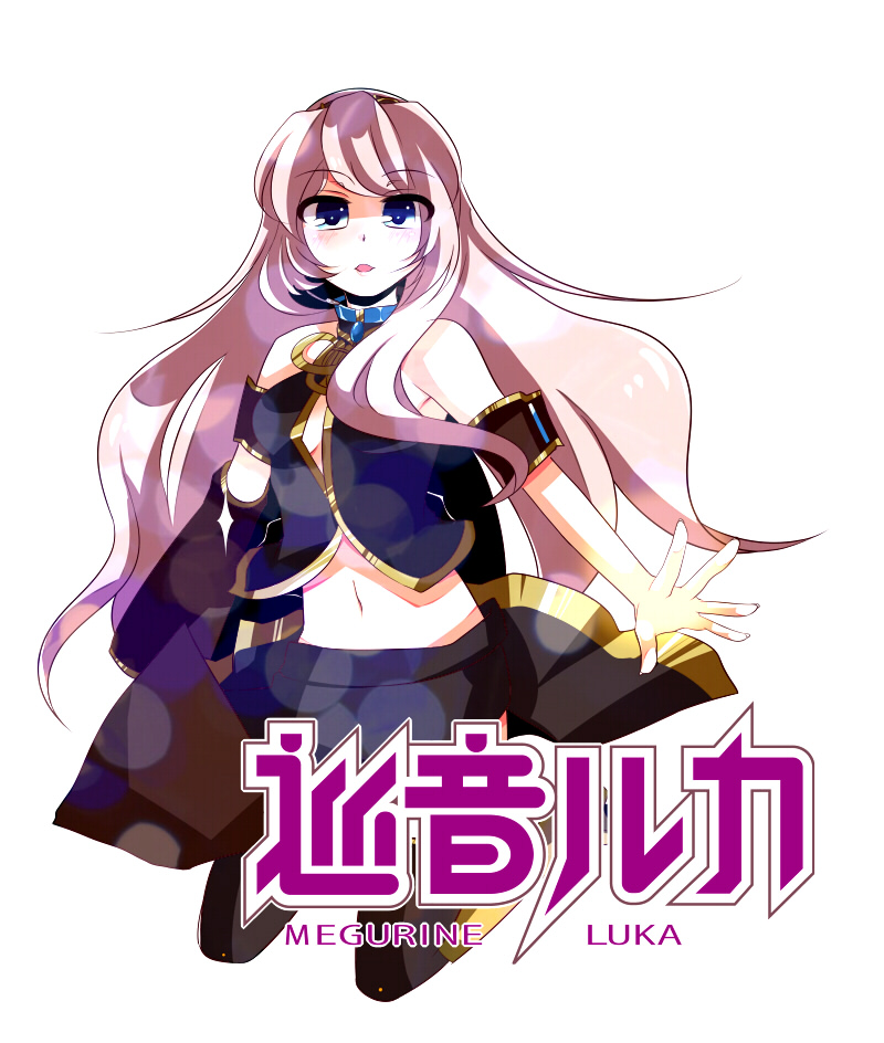 soidesu (pixiv), soudesu (pixiv), megurine luka, vocaloid, 1girl, blue eyes, blush, female focus, kneeling, long hair, navel, pink hair, solo, thighhighs