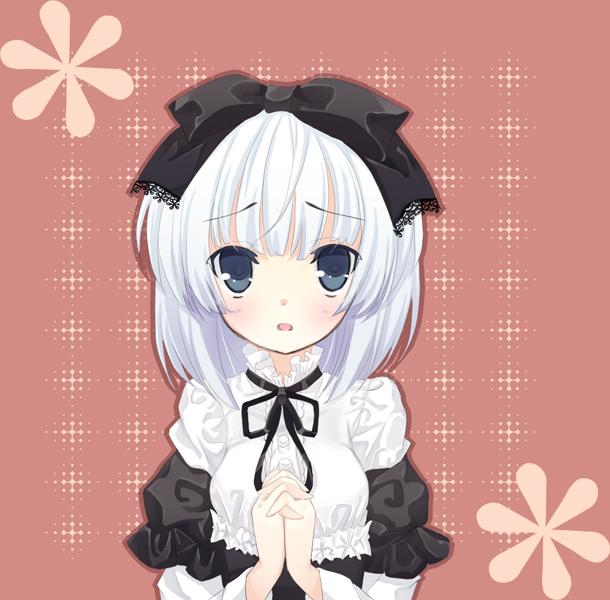 omiso, omiso (omiso), konpaku youmu, konpaku youmu (ghost), touhou, bad id, 1girl, alternate costume, black eyes, blush, bow, female focus, gothic lolita, hair bow, hitodama, lolita fashion, own hands clasped, own hands together, solo, upper body, white hair