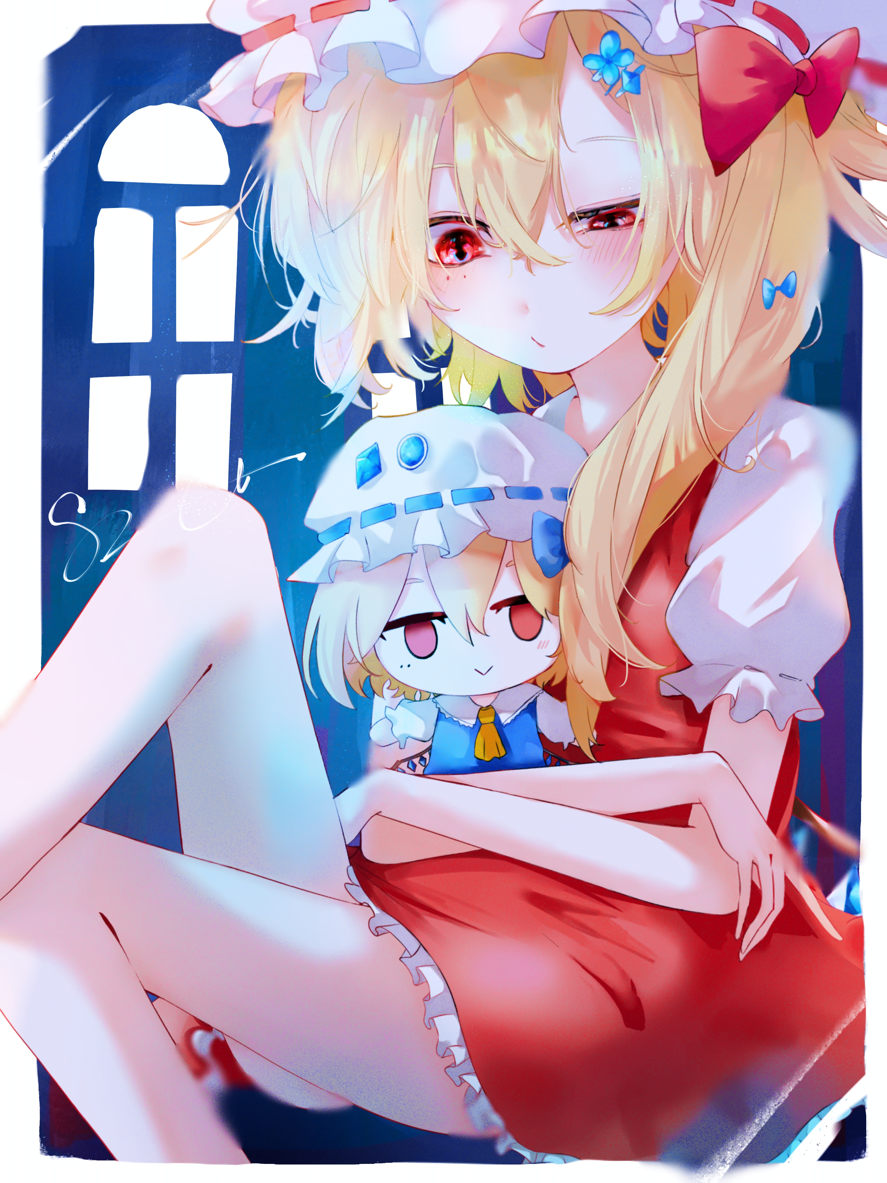 sizu picture, flandre scarlet, touhou, absurdres, highres, 1girl, :/, artist name, blonde hair, blush, character doll, closed mouth, doll, dress, frilled dress, frilled hat, frilled skirt, frills, hair between eyes, hat, hugging doll, hugging object, long hair, mob cap, one side up, puffy short sleeves, puffy sleeves, red dress, red eyes, short sleeves, signature, skirt, sleeveless, sleeveless dress, solo, uneven eyes, white hat, window