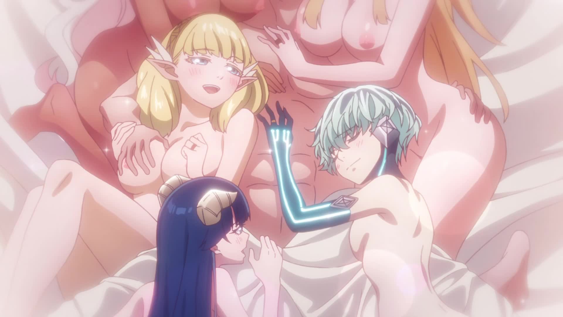 amber idonokan, granat needakitta, nephrites lomka, nonaka himeno, saphir maasa, satou haruto, kekkon yubiwa monogatari, animated, anime screenshot, highres, sound, tagme, video, 1boy, 5girls, animal ears, bed, black hair, blonde hair, blue hair, breasts, cat ears, cat girl, dark-skinned female, dark skin, dragon girl, dragon horns, elf, grabbing another's ass, green hair, groping, hairband, harem, horns, implied sex, jewelry, long hair, multiple girls, nipples, on bed, open mouth, pointy ears, ponytail, ring, short hair, silhouette, thighs, wedding ring, white hair, wide hips