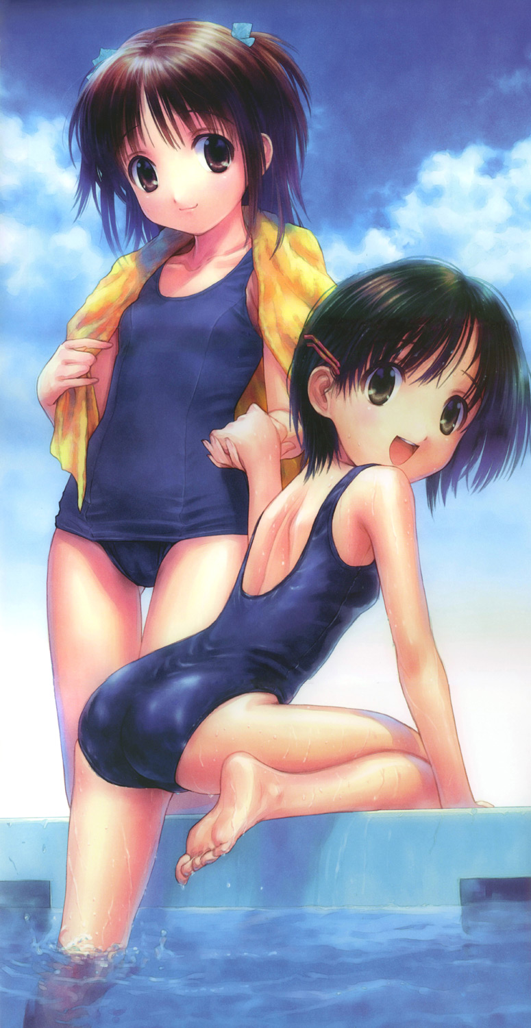 goto p, highres, 2girls, :d, ass, back, barefoot, black hair, brown eyes, brown hair, cloud, day, feet, flat chest, holding hands, kneeling, multiple girls, one-piece swimsuit, open mouth, outdoors, partially submerged, pool, poolside, school swimsuit, short hair, sky, smile, soaking feet, soles, swimsuit, toes, towel, towel around neck, water, wet