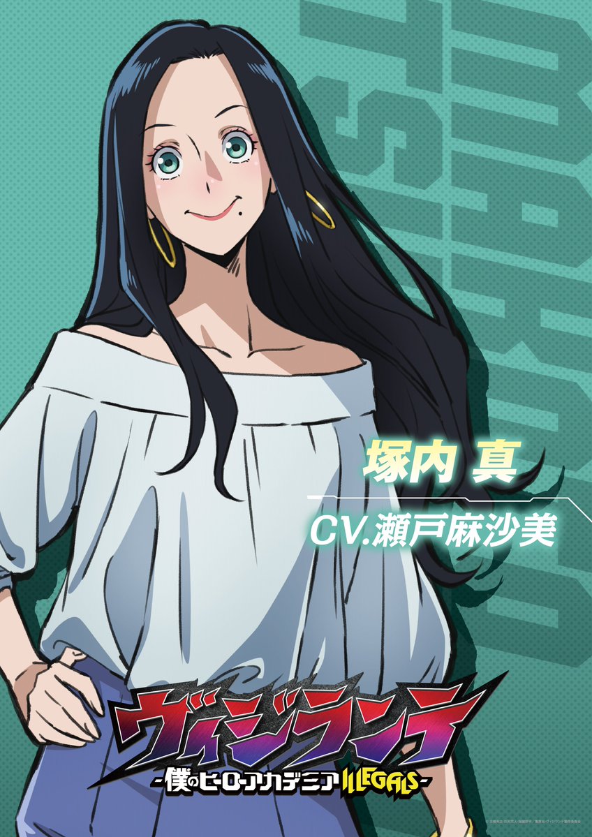 tsukauchi makoto, boku no hero academia, vigilante -boku no hero academia: illegals-, highres, official art, partially translated, translation request, 1girl, :>, black hair, breasts, character name, earrings, hand on own hip, hoop earrings, jewelry, lipstick, long hair, looking at viewer, makeup, mole, mole under mouth, multiple views, open mouth, school uniform, serafuku, shirt, smile, solo, voice actor name, white shirt, wide hips