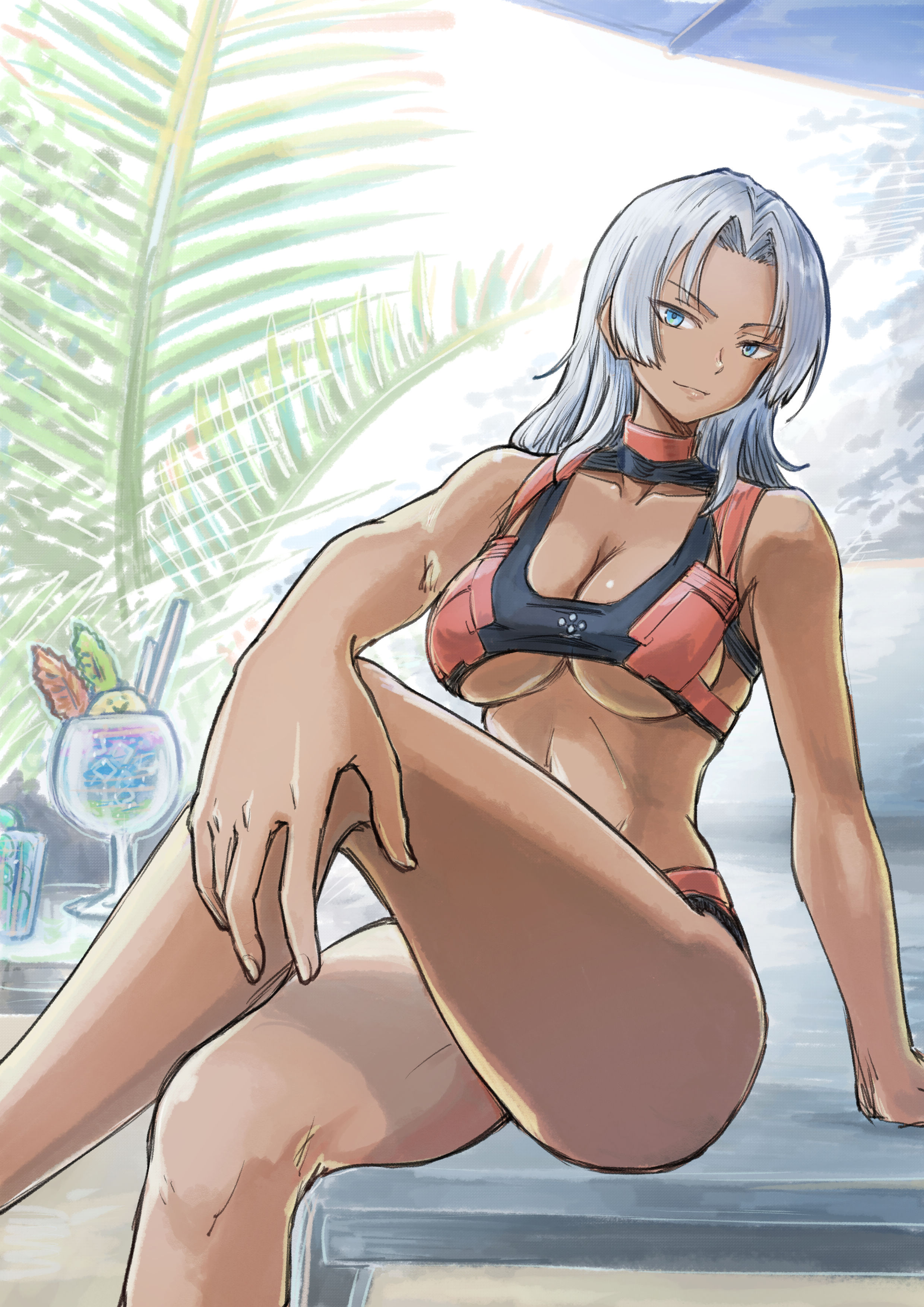 nemimin, elma (xenoblade x), xenoblade chronicles (series), xenoblade chronicles x, absurdres, highres, 1girl, bikini, blue eyes, breasts, cleavage, closed mouth, cocktail, cocktail glass, crossed legs, cup, dark-skinned female, dark skin, drinking glass, drinking straw, feet out of frame, hand on own knee, large breasts, long hair, looking at viewer, navel, palm tree, red bikini, sitting, solo, swimsuit, tree, tropical drink, underboob, white hair