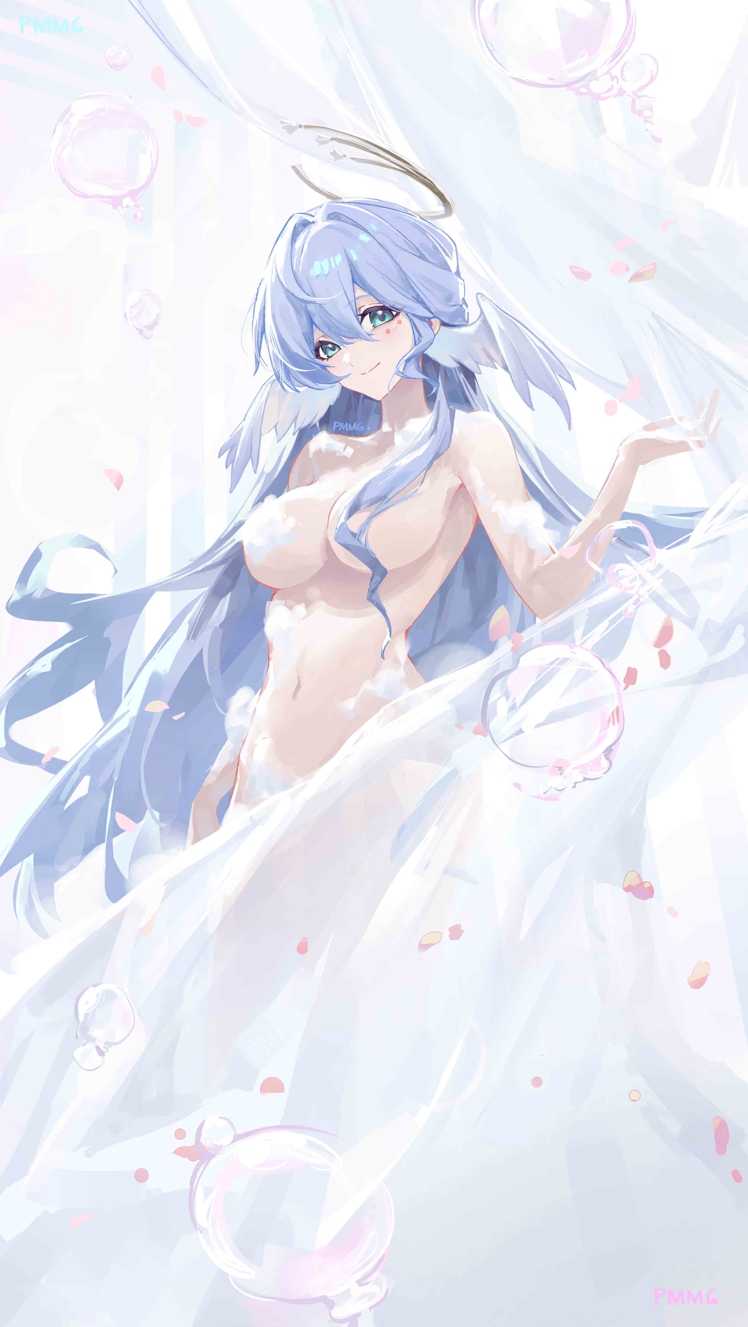 pmmg, robin (honkai: star rail), honkai: star rail, honkai (series), absurdres, commentary request, highres, 1girl, bathing, blue hair, breasts, bubble, curtains, green eyes, hair between eyes, halo, halo behind head, head wings, jewel under eye, large breasts, long hair, petals, simple background, smile, soap bubbles, very long hair, white wings, wings