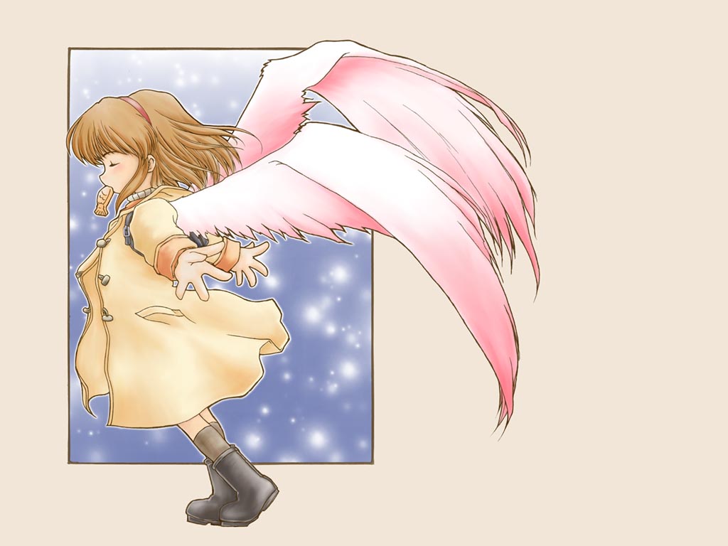 shiyuu, tsukimiya ayu, kanon, bad id, bad pixiv id, boots, brown hair, closed eyes, coat, food, hairband, mouth hold, snow, solo, taiyaki, wagashi, wings