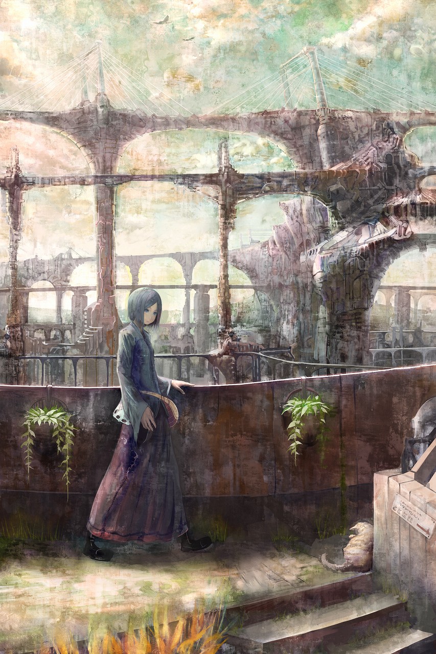 shirakaba, original, bad id, bad pixiv id, highres, 1girl, cat, city, female focus, long skirt, skirt, solo, stairs