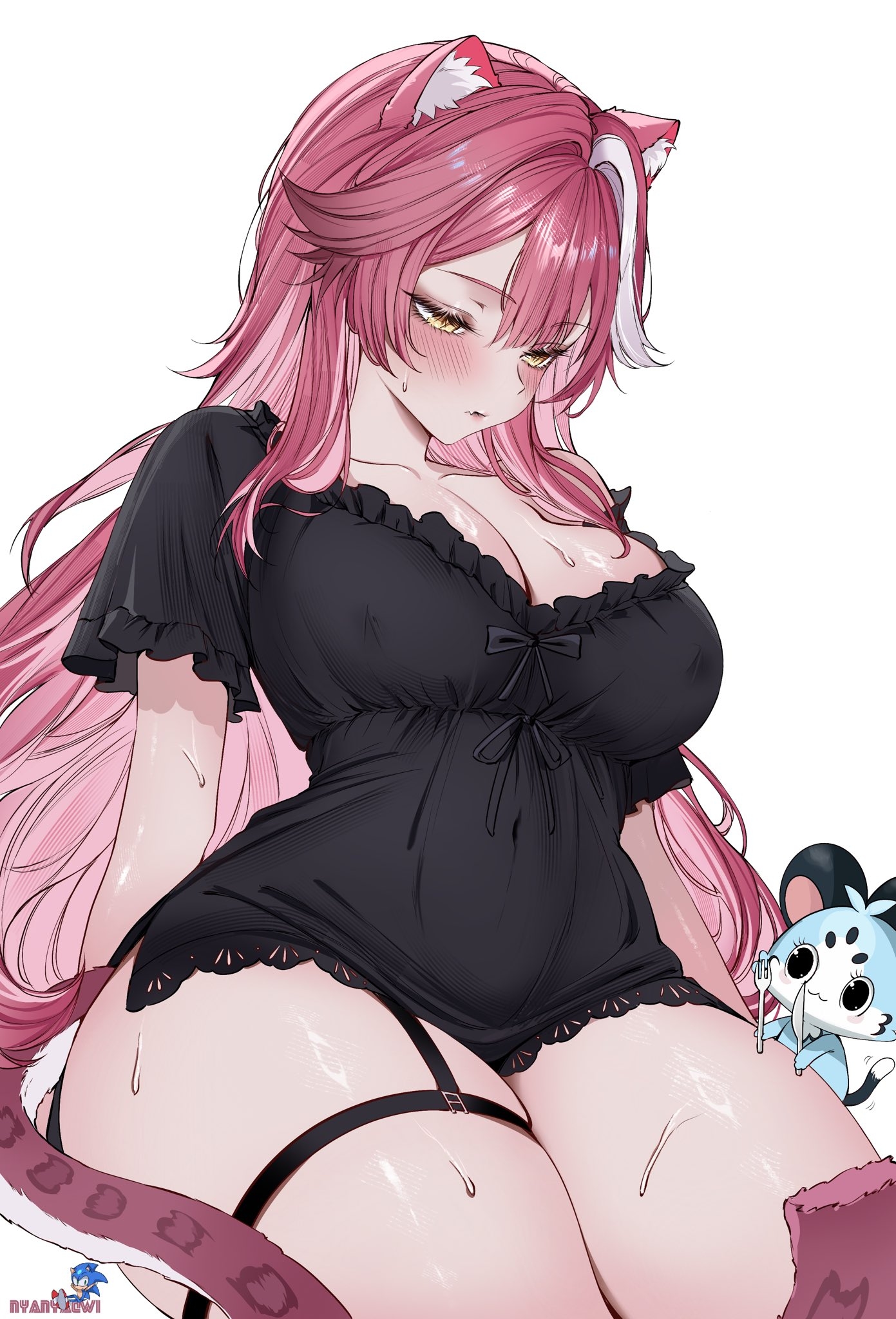nyanyaqwi, chattino (raora panthera), raora panthera, sonic the hedgehog, hololive, hololive english, sonic (series), commentary, commentary request, english commentary, highres, mixed-language commentary, paid reward available, 1girl, animal ears, black nightgown, breasts, cleavage, covered erect nipples, fork, holding, holding fork, holding knife, knife, large breasts, long hair, nightgown, panther ears, panther girl, pink hair, simple background, sweat, virtual youtuber, white background, white streaks, yellow eyes