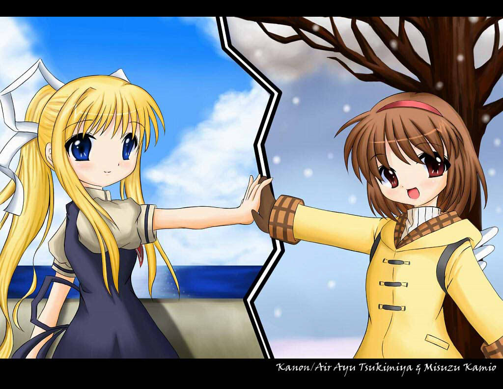 fujieda hiro, kamio misuzu, tsukimiya ayu, air (visual novel), kanon, key (company), 00s, 2girls, blonde hair, blue eyes, brown hair, coat, company connection, crossover, hair ribbon, hairband, long hair, mittens, multiple girls, ponytail, red eyes, ribbon, school uniform