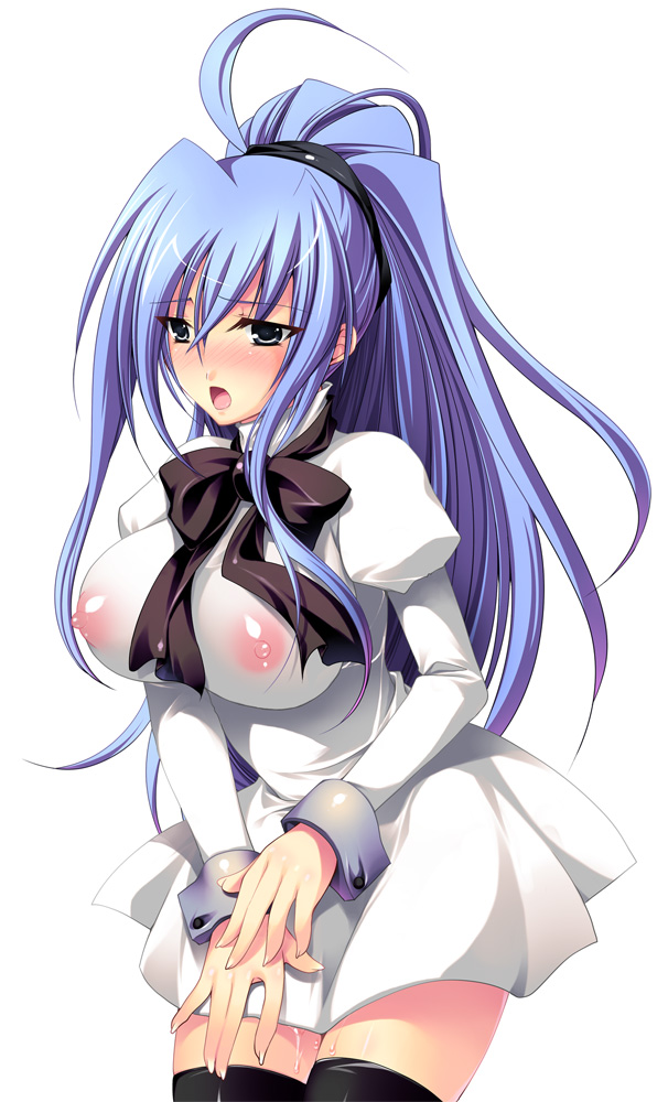 ookami ryousuke, bad id, bad pixiv id, 1girl, blue hair, blush, breasts, covered erect nipples, female focus, huge breasts, long hair, nipples, pussy juice, see-through clothes, solo, thighhighs