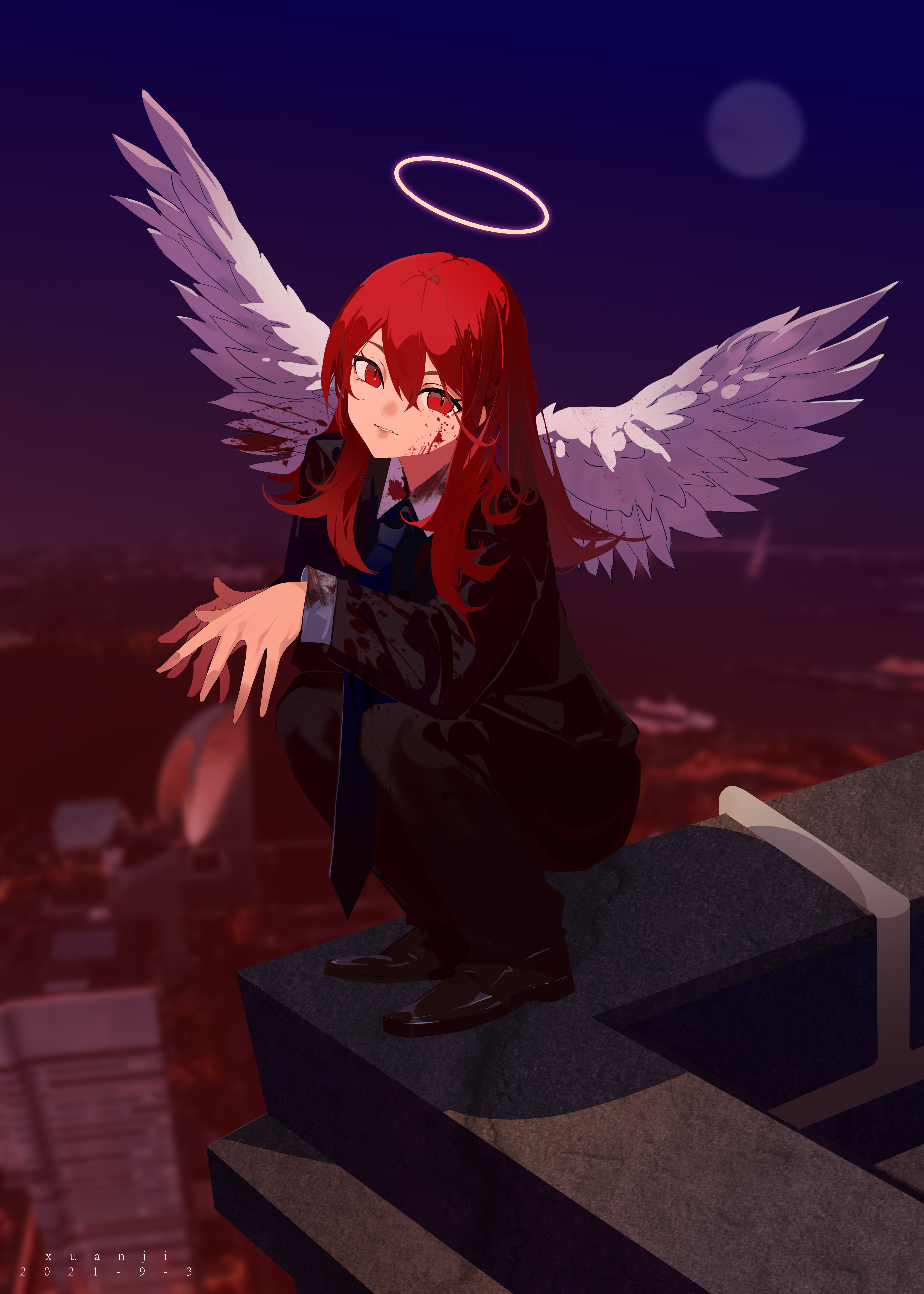 xuanji, angel devil (chainsaw man), chainsaw man, absurdres, highres, 1boy, angel wings, black jacket, black pants, black suit, blood, blood on face, city, closed mouth, formal clothes, halo, jacket, long hair, looking at viewer, male focus, outdoors, pant suit, pants, red eyes, red hair, solo, squatting, suit, suit jacket, trap, wings, yellow halo