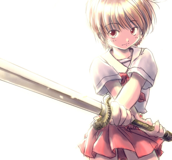 shiyuu, original, brown eyes, brown hair, school uniform, serafuku, short hair, solo, sword, weapon