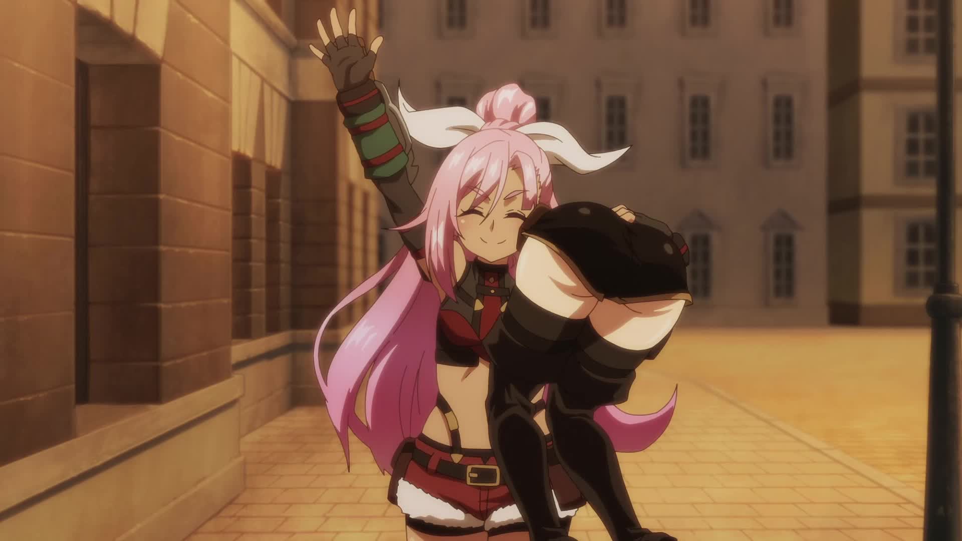 liz smart, tino shade, nageki no bourei wa intaishitai, animated, anime screenshot, highres, sound, tagme, video, 2girls, ass, black gloves, black hair, black romper, black shorts, black thighhighs, blue eyes, brown shorts, carrying, carrying over shoulder, carrying person, closed eyes, crop top, dark-skinned female, dark skin, elbow gloves, gloves, hair ribbon, huge ass, long hair, medium hair, multiple girls, red ribbon, ribbon, romper, shirt, shorts, smile, thick thighs, thighhighs, thighs, white shirt, wide hips