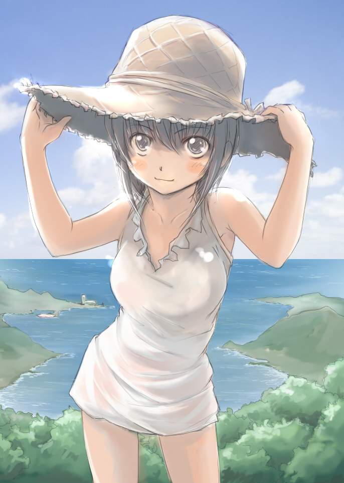 shiyuu, original, silver hair, 1girl, day, dress, female focus, grey eyes, hat, ocean, outdoors, short hair, sky, solo, straw hat, water