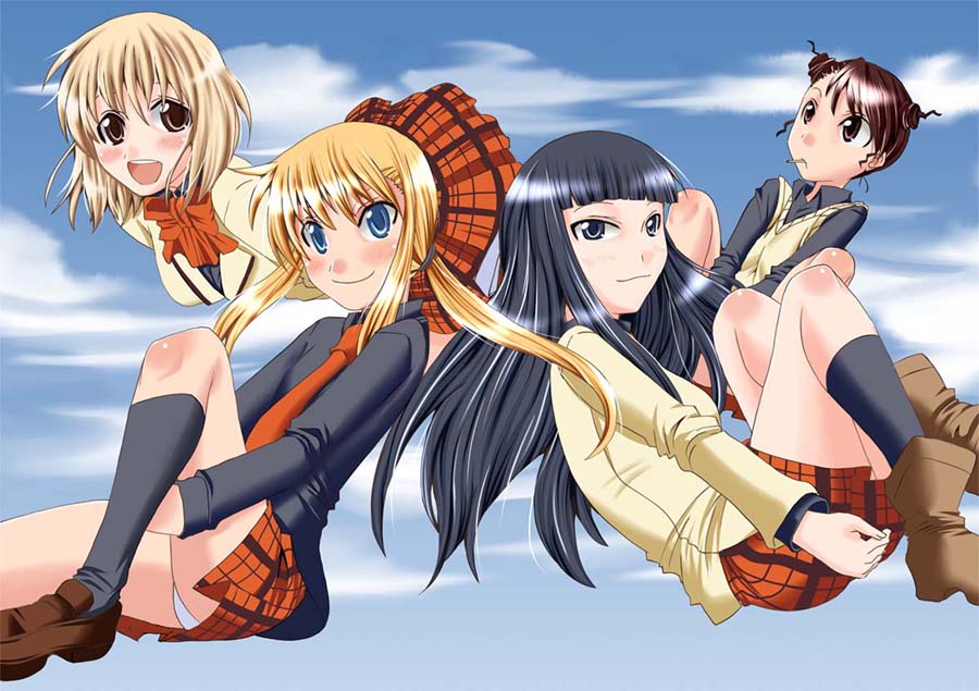 iizuka tatsuki, kageyama torako, nonomura ayumi, saotome suzume, hyakko, black legwear, brown footwear, orange neckwear, 00s, 4girls, black shirt, blonde hair, blue eyes, blunt bangs, blush, boots, brown eyes, brown hair, cloud, collared shirt, double bun, facing viewer, female focus, hair bun, jacket, knee up, knees up, loafers, long hair, looking at viewer, matching hair/eyes, miniskirt, multiple girls, necktie, orange skirt, outdoors, panties, panty peek, plaid clothes, plaid skirt, pleated skirt, ponytail, school uniform, shirt, shoes, short hair, sidelocks, skirt, sky, smile, socks, sweater vest, underwear, white panties