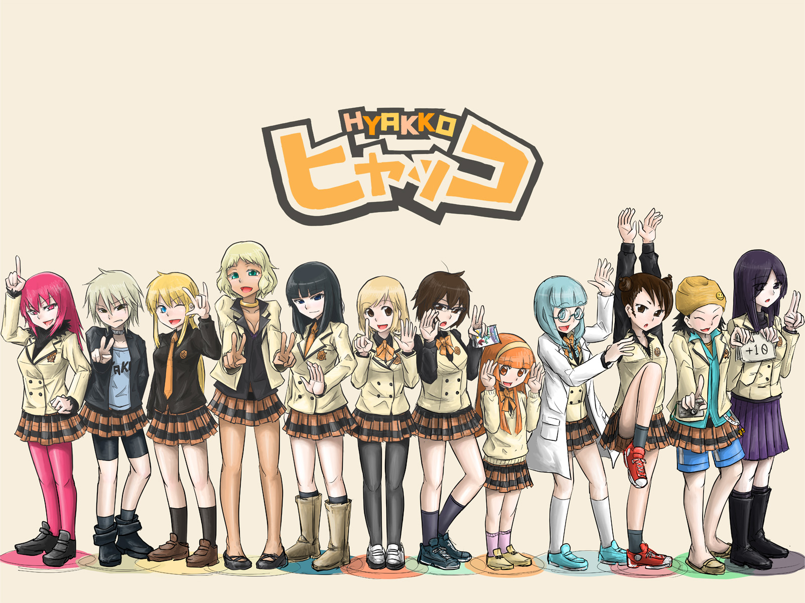 funa, andou nene, iizuka tatsuki, kageyama torako, kazamatsuri touma, kobayashi koma, makunouchi ushio, nikaidou hitsugi, nonomura ayumi, ooba minato, saotome suzume, suzugasaki chie, suzugazaki chie, tsubomiya inori, hyakko, highres, 00s, 6+girls, blonde hair, blue eyes, blue hair, copyright name, double bun, everyone, facing viewer, full body, hair bun, legs, long hair, looking at viewer, miniskirt, multiple girls, pantyhose, pink pantyhose, pleated skirt, school uniform, short hair, simple background, skirt, smile, standing, standing on one leg
