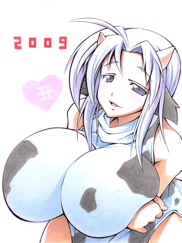 uccow, original, breast hold, bad id, bad pixiv id, 00s, 1girl, 2009, animal print, blue eyes, blue hair, breasts, costume, cow, cow girl, cow print, female focus, horns, huge breasts, new year, solo