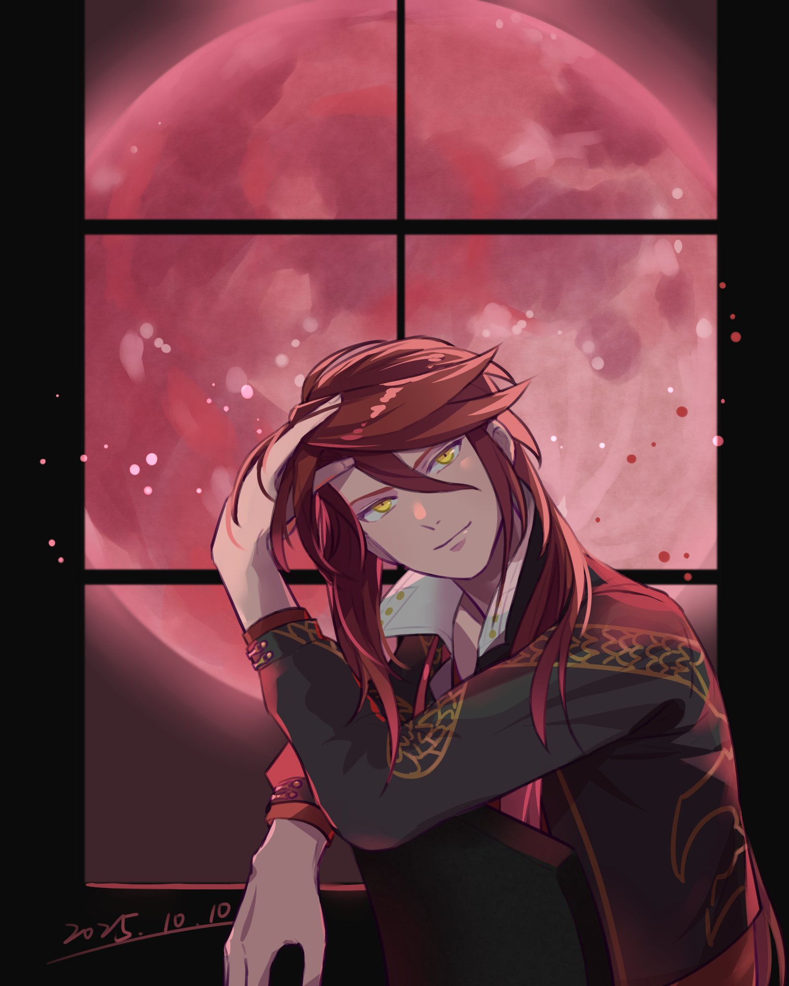 aaron wei, eiyuu densetsu, kai no kiseki, kuro no kiseki (series), highres, 1boy, aradonkey, closed mouth, double-parted bangs, full moon, hair between eyes, indoors, long hair, looking at viewer, male focus, moon, red hair, red moon, smile, solo, upper body, window, wing collar, yellow eyes