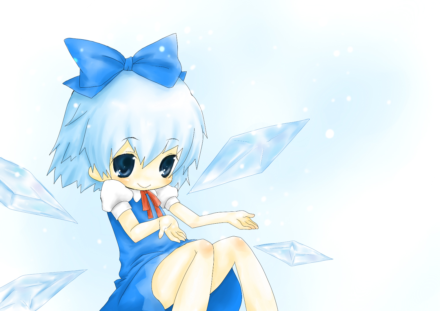 saitou takana, cirno, embodiment of scarlet devil, touhou, bad id, bad pixiv id, 1girl, blue eyes, blue hair, bow, chibi, dress, female focus, gradient background, matching hair/eyes, shrugging, snow, solo, white background, wings