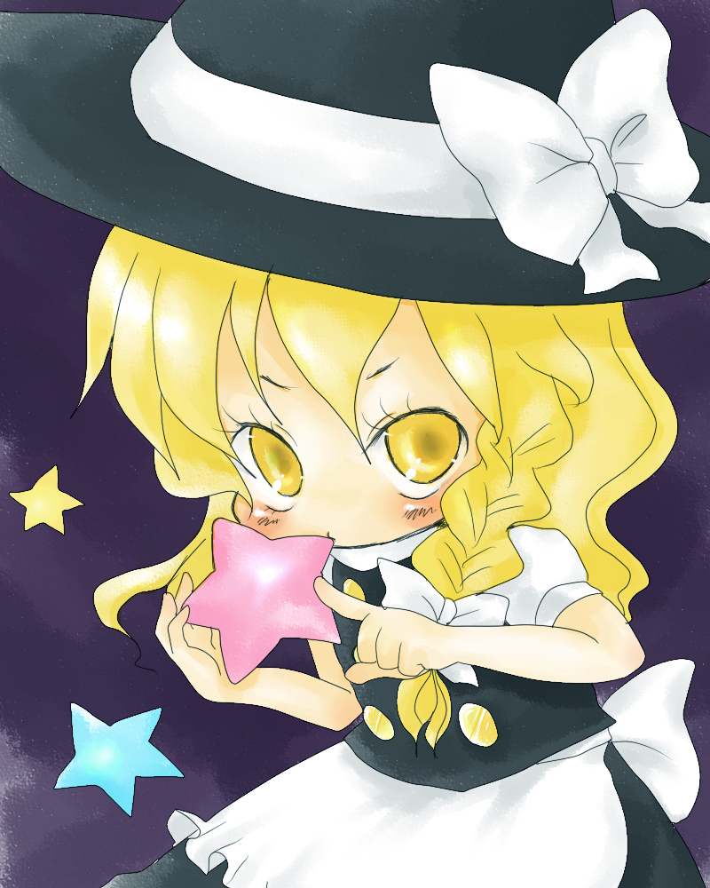 saitou takana, kirisame marisa, touhou, bad id, bad pixiv id, 1girl, blonde hair, braid, chibi, eyelashes, female focus, gradient background, hat, skirt, solo, star (symbol), witch, witch hat, yellow eyes