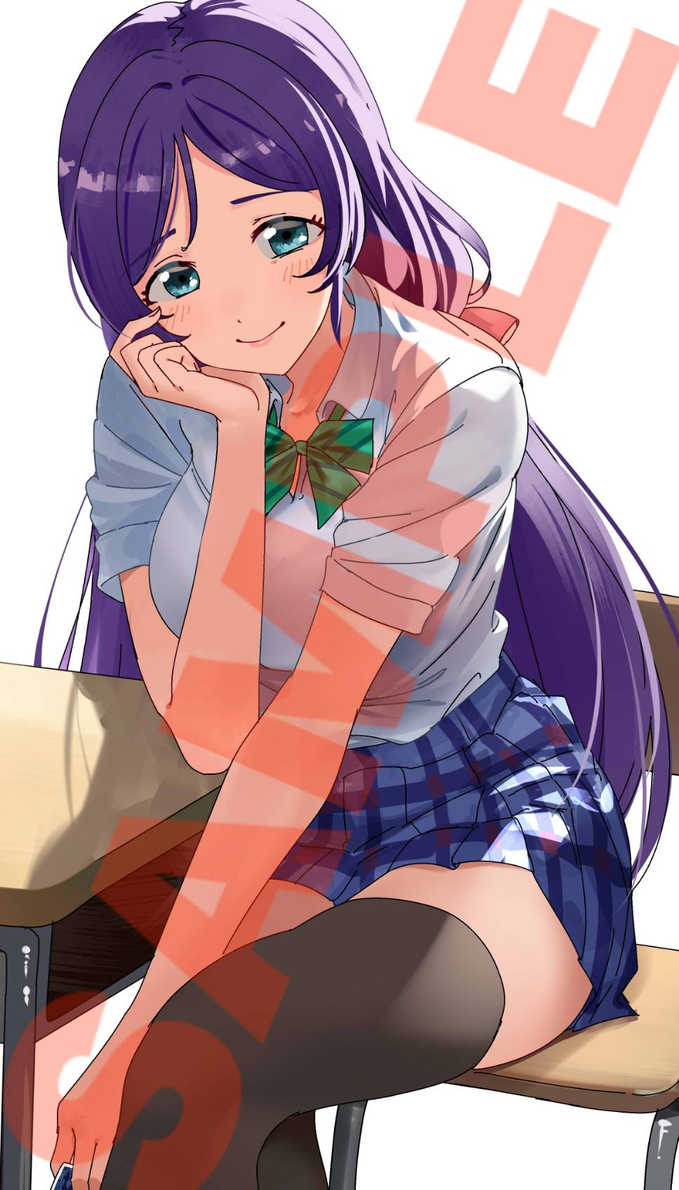 bunbun (midukikome), tojo nozomi, love live!, love live! school idol project, commentary, commission, highres, 1girl, black thighhighs, blue eyes, blue skirt, blush, bow, bowtie, breasts, chair, closed mouth, collared shirt, desk, diagonal-striped bow, diagonal-striped bowtie, diagonal-striped clothes, dress shirt, feet out of frame, green bow, green bowtie, large breasts, long hair, looking at viewer, low twintails, miniskirt, on chair, otonokizaka school uniform, plaid clothes, plaid skirt, pleated skirt, purple hair, sample watermark, school chair, school desk, school uniform, shirt, short sleeves, sitting, skirt, smile, solo, striped bow, striped bowtie, striped clothes, summer uniform, thighhighs, twintails, very long hair, watermark, white shirt, zettai ryouiki