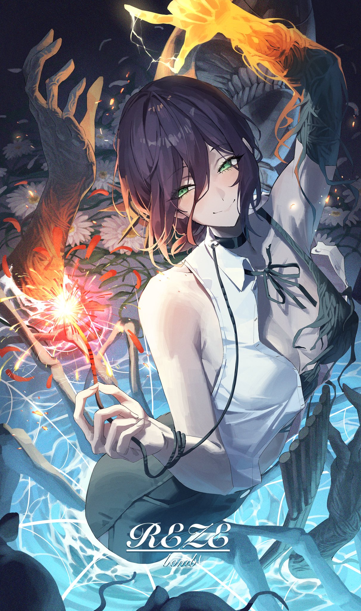 netural, bomb devil (chainsaw man), reze (chainsaw man), chainsaw man, highres, 1girl, black choker, black hair, black ribbon, character name, choker, explosion, green eyes, grenade pin, hair between eyes, looking at viewer, neck ribbon, open clothes, ribbon, shirt, sleeveless, sleeveless shirt, solo, transformation, white shirt
