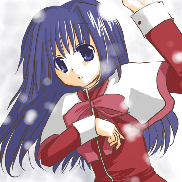 mashiro (pixiv35719), minase nayuki, kanon, blue eyes, blue hair, long hair, school uniform, snow, solo