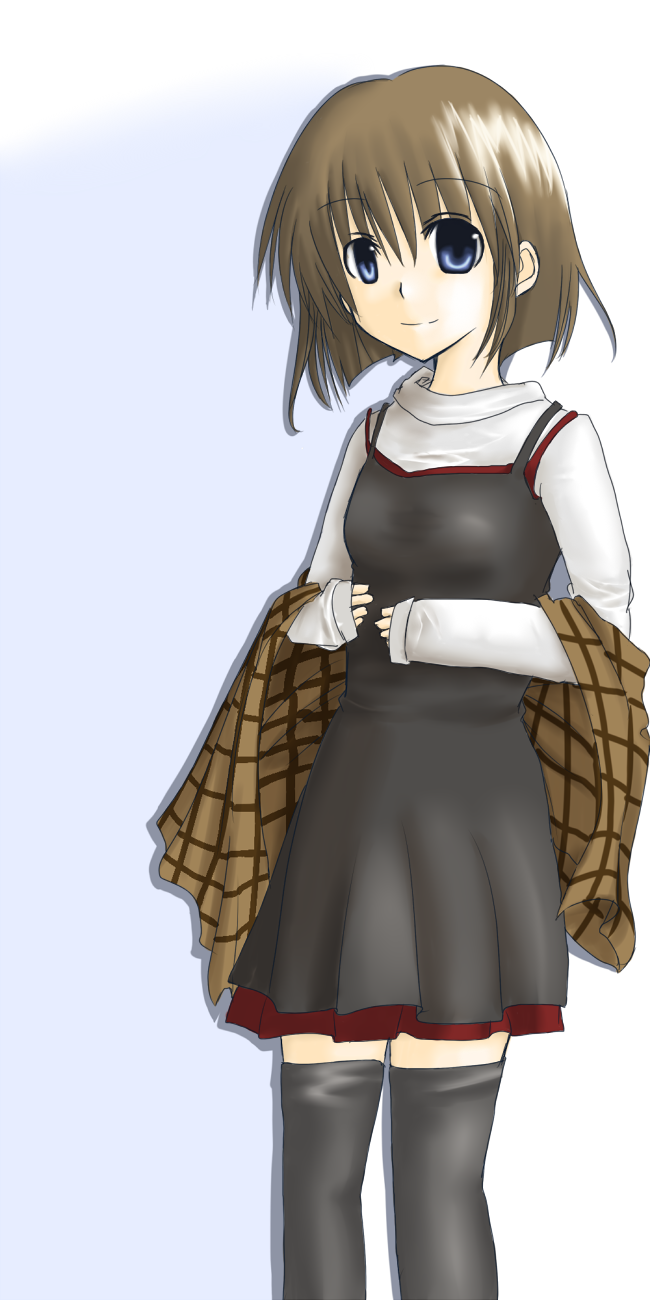 mashiro (pixiv35719), misaka shiori, kanon, plaid, highres, 1girl, bad anatomy, blue eyes, brown hair, female focus, poorly drawn, short hair, solo, thighhighs, zettai ryouiki