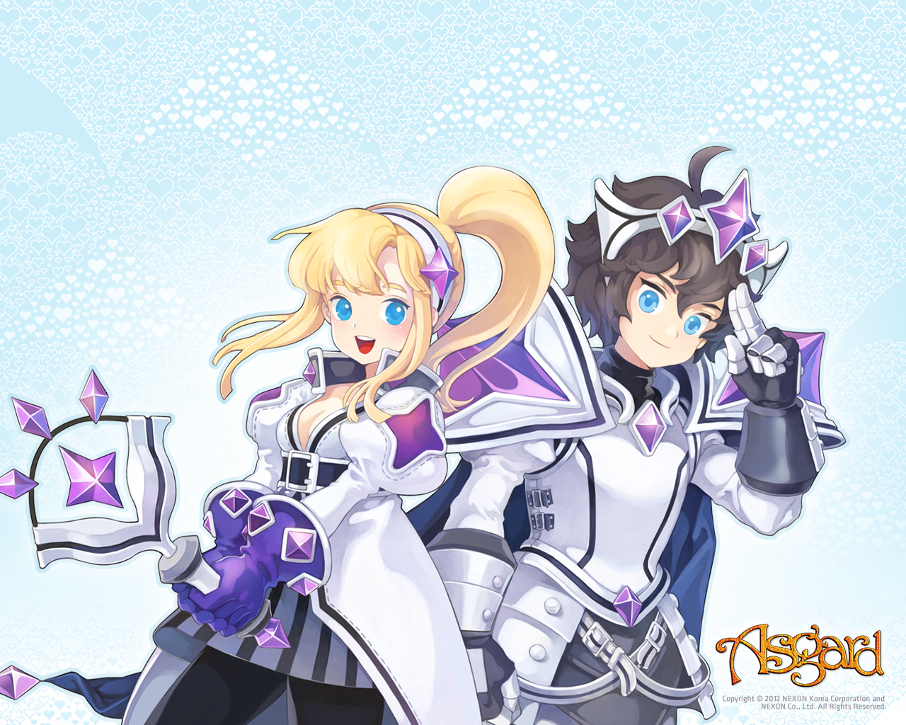 asgard, nexon, archived source, artist request, official art, official wallpaper, second-party source, 1boy, 1girl, 2012, ahoge, aqua background, armor, belt, belt buckle, black belt, black hair, black leggings, black shirt, black skirt, blonde hair, blue cape, blue eyes, breasts, buckle, cape, chest jewel, cleavage, closed mouth, collar, collarbone, collared coat, company name, contrast collar, copyright name, copyright notice, cowboy shot, cuirass, detached collar, english text, faulds, floating gem, full armor, full body, gauntlets, gem, glove cuffs, grey armor, grey skirt, hair between eyes, hairband, heart, heart background, high collar, high ponytail, holding, holding weapon, impasto, juliet sleeves, leggings, legs apart, logo, long hair, long sleeves, looking at viewer, pants, pinstripe pattern, pinstripe skirt, plate armor, ponytail, puffy sleeves, purple gemstone, salute, shirt, sidelocks, skirt, small breasts, standing, striped belt, striped clothes, striped skirt, tongue, turtleneck, turtleneck shirt, two-finger salute, underbust, v-shaped eyebrows, vertical-striped clothes, vertical-striped skirt, wavy hair, weapon, white armor, white belt, white collar, white hairband, white leggings, white pants, white sleeves