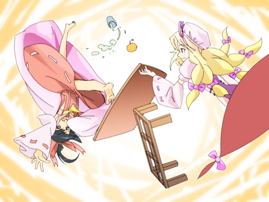 shokkin, hakurei reimu, yakumo yukari, touhou, 2girls, black hair, blonde hair, detached sleeves, female focus, food, fruit, gap (touhou), japanese clothes, long hair, mandarin orange, miko, multiple girls