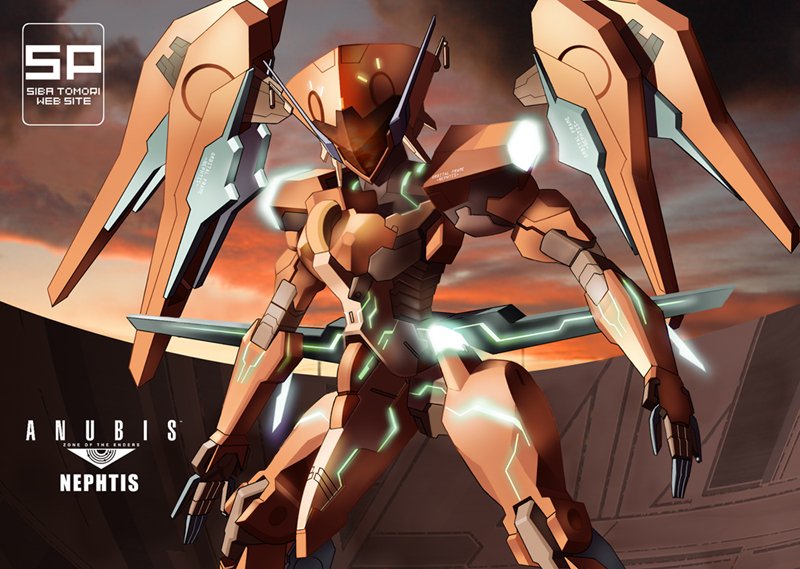 shiba tomori, nephtis, zone of the enders, md5 mismatch, 00s, cloud, dusk, evening, mecha, neon trim, no humans, robot, solo, wings