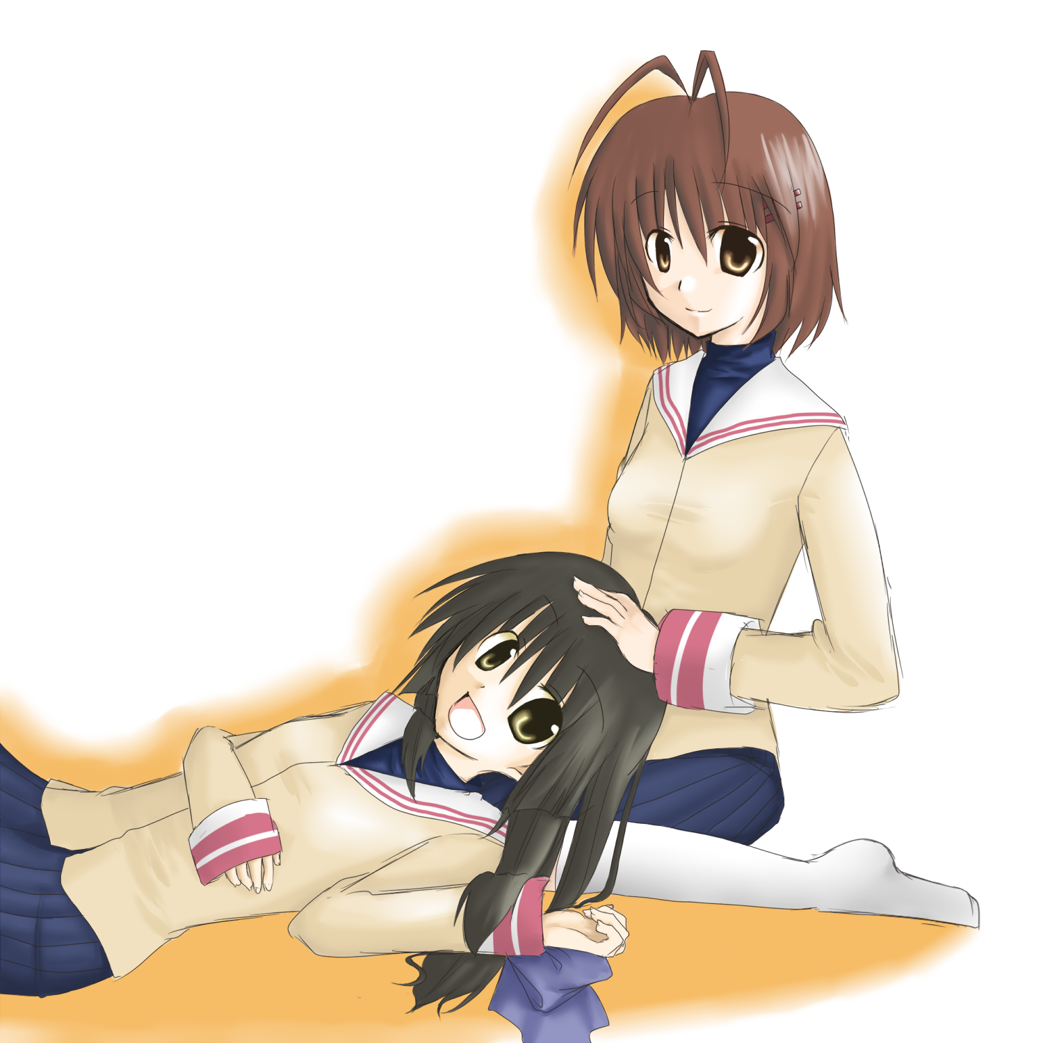 mashiro (pixiv35719), furukawa nagisa, ibuki fuuko, clannad, highres, 00s, antenna hair, brown eyes, brown hair, feet, lap pillow, long hair, school uniform, short hair, socks