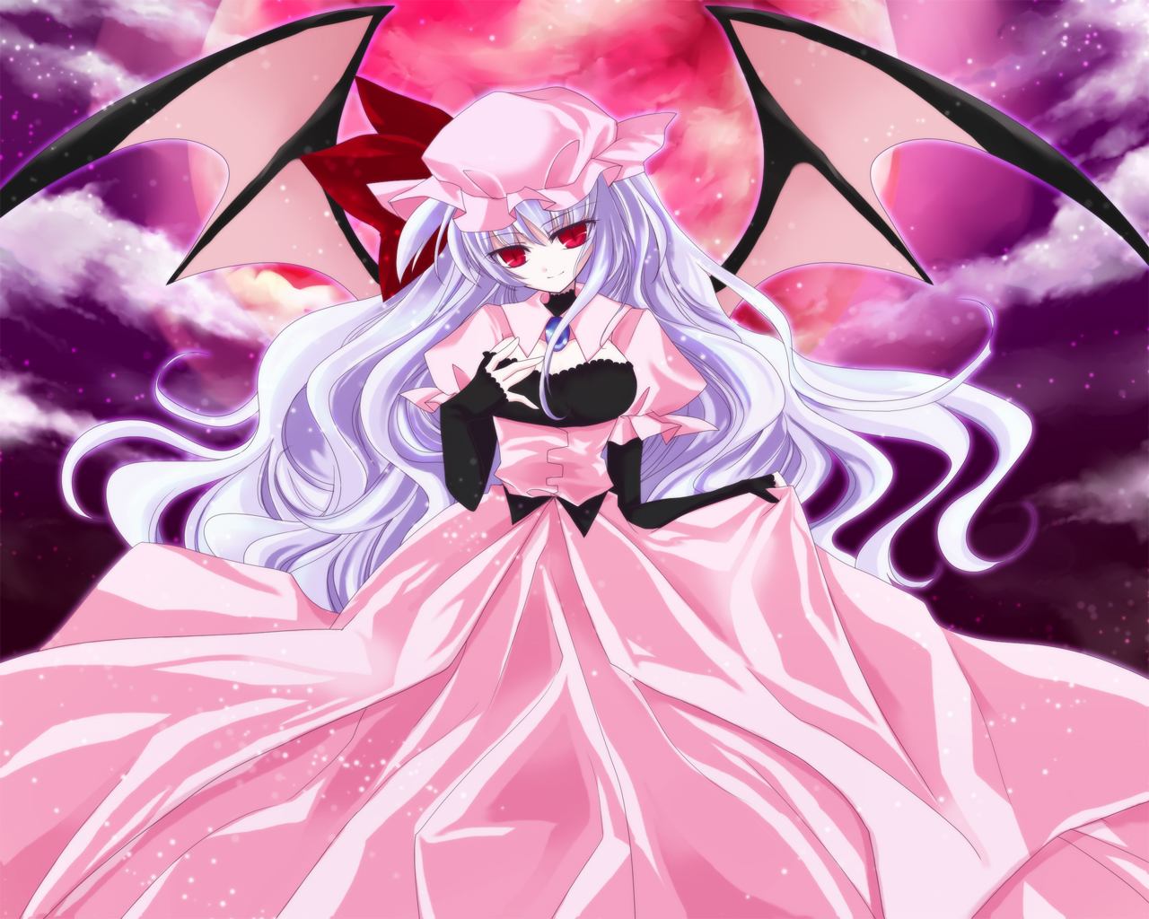 imari yuka, remilia scarlet, touhou, 1girl, aged up, alternate costume, alternate hair length, alternate hairstyle, blue hair, female focus, long hair, moon, red eyes, red moon, ribbon, solo, very long hair, wings