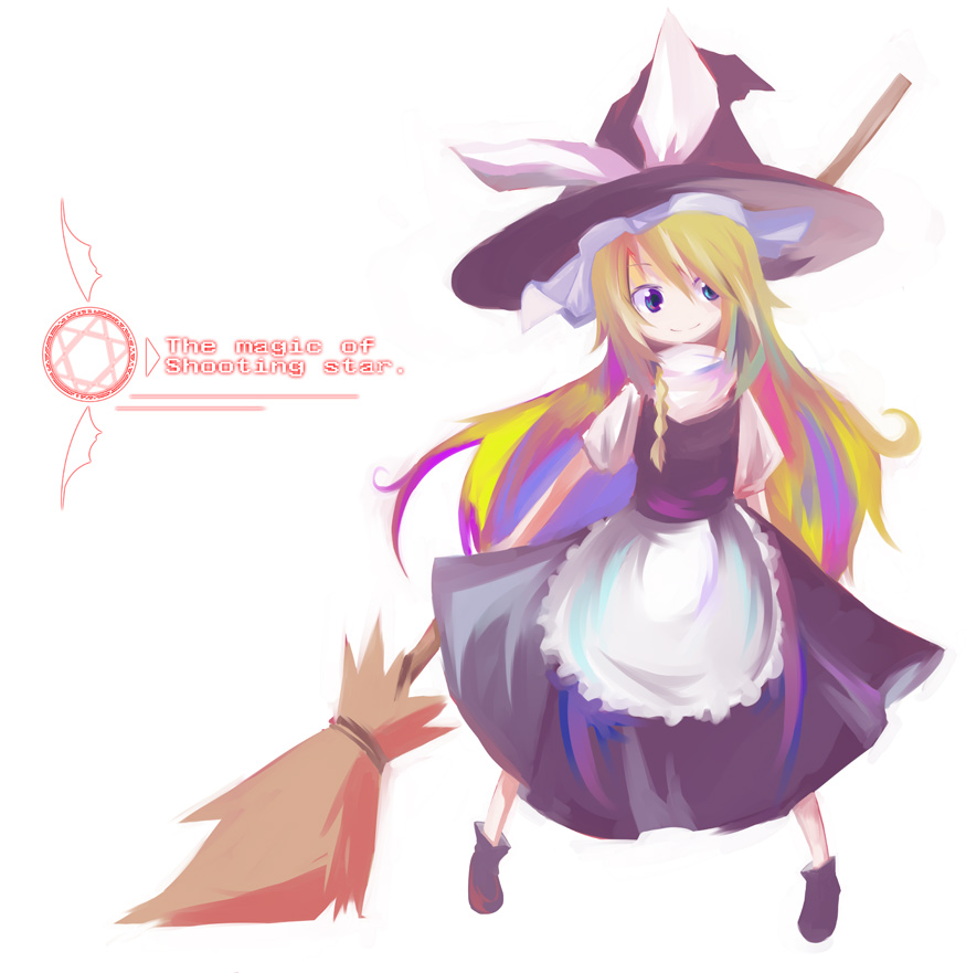 kuroneko no toorimichi, kirisame marisa, touhou, 1girl, blonde hair, braid, broom, dress, female focus, full body, hat, long hair, simple background, solo, white background, witch, witch hat