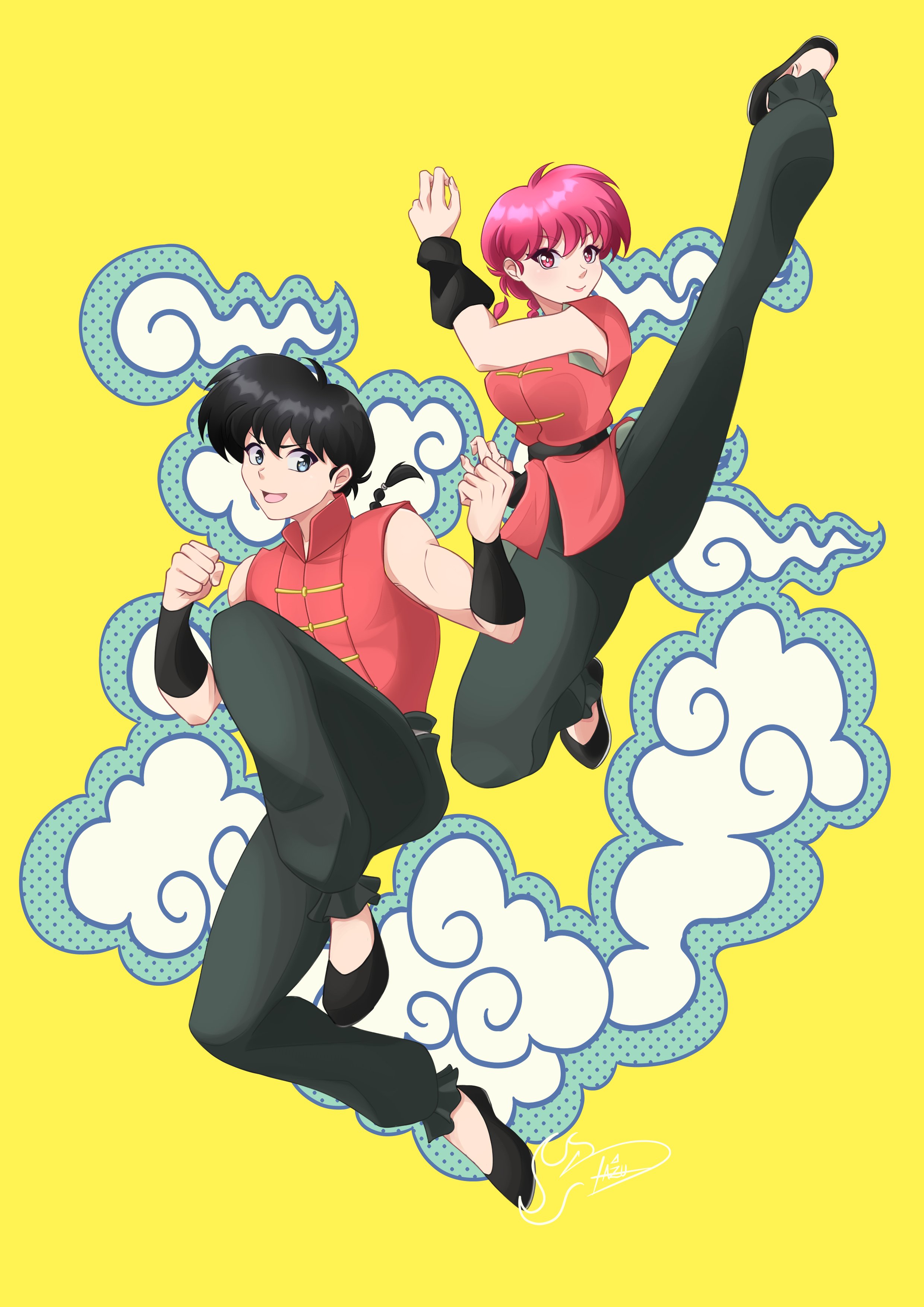 the dazu, ranma-chan, saotome ranma, ranma 1/2, absurdres, commentary, english commentary, highres, 1boy, 1girl, arm up, artist name, black bracer, black hair, black shoes, blue eyes, bracer, braid, braided ponytail, breasts, chinese clothes, clenched hands, closed mouth, dual persona, fighting stance, floating, hand up, jacket, kicking, kung fu, large breasts, leg up, long hair, looking at viewer, low ponytail, mandarin collar, martial arts, open mouth, pankou, pants, ponytail, red eyes, red hair, red jacket, shoes, short sleeves, signature, simple background, single braid, sleeveless, smile, tangzhuang, toggles, xiangyun, yellow background