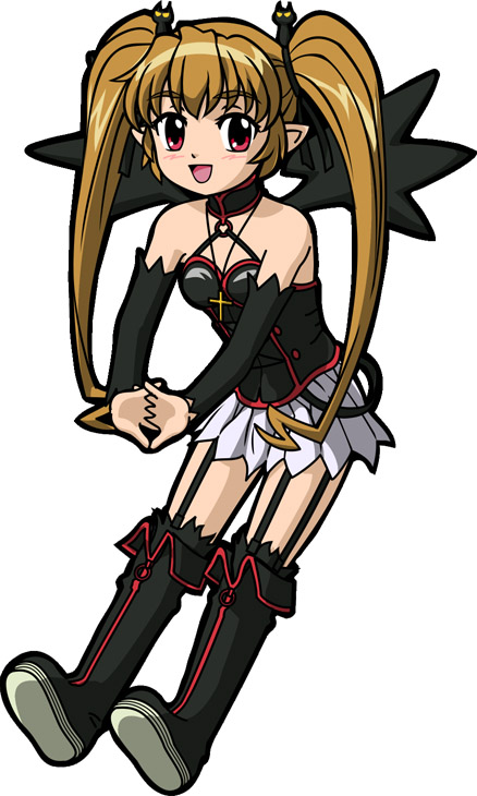kimco, pachira, renkin san-kyuu magical pokaan, blonde hair, blush, boots, detached sleeves, garter straps, pointy ears, red eyes, skirt, smile, solo, thigh boots, thighhighs, twintails, wings