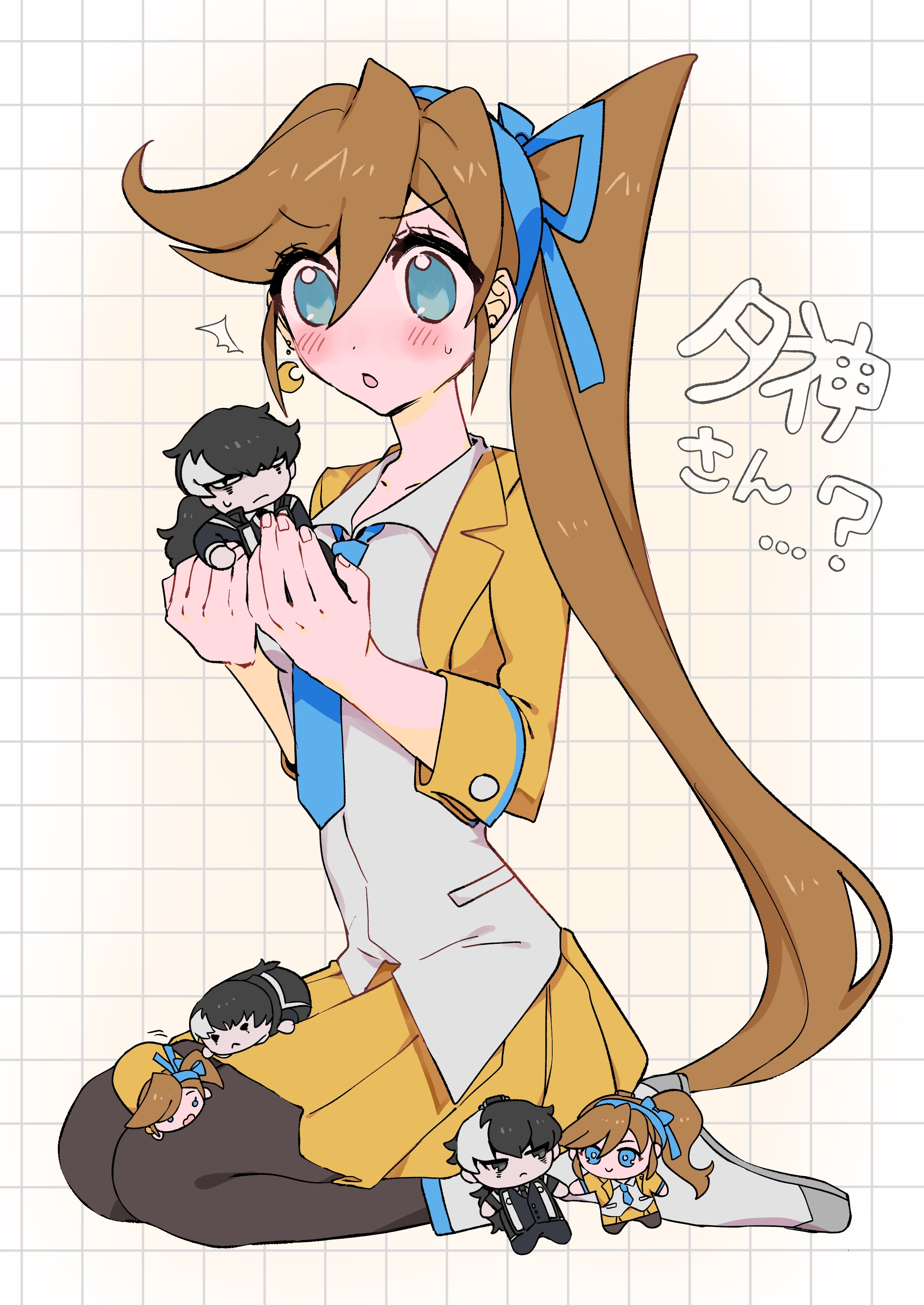 n6 kcf, athena cykes, simon blackquill, ace attorney, absurdres, highres, 1boy, 1girl, :o, black hair, black jacket, black pants, black pantyhose, blue bow, blue eyes, blue hairband, blue necktie, blush, bow, bow hairband, chibi, closed mouth, crescent, crescent earrings, cropped jacket, earrings, full body, grid background, hair between eyes, hair bow, hairband, holding chibi, jacket, jewelry, long hair, multicolored hair, necktie, open mouth, orange hair, pants, pantyhose, pleated skirt, seiza, side ponytail, single earring, sitting, skirt, smile, two-tone hair, very long hair, white hair, yellow jacket, yellow skirt